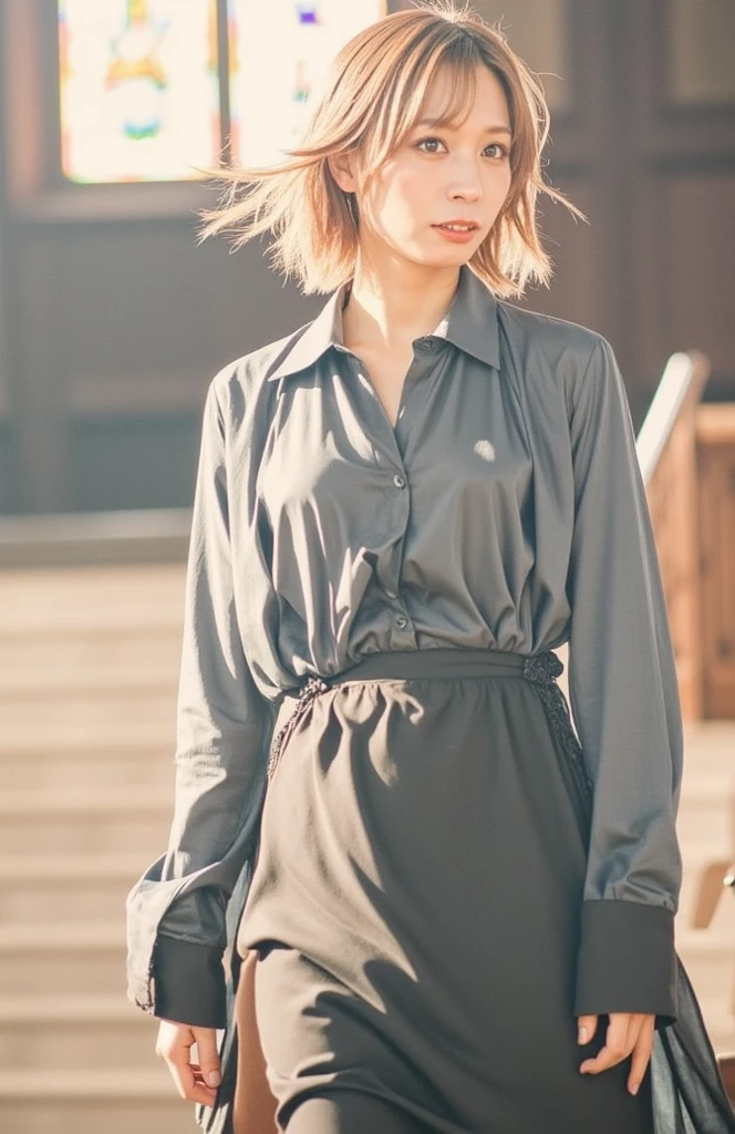 self confident young woman with short blond hair with grey skirt hugging light pole