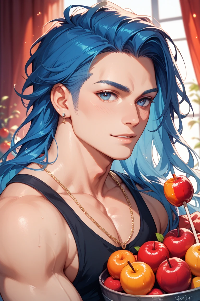 A muscular handsome blue haired man with silver eyes with long hair in swim trunks is  holding a bouquet of tropical flowers with a smile and a blush