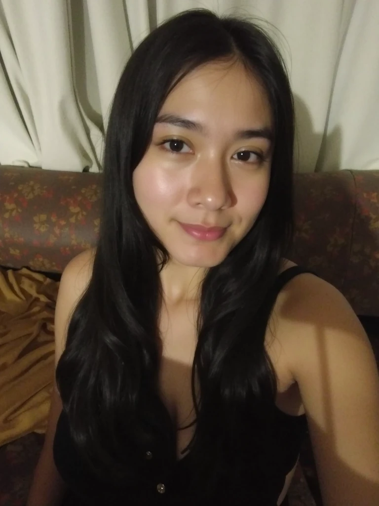 30 years old Hong Kong beautiful woman in room, nightwear, black long hair closeup selfie