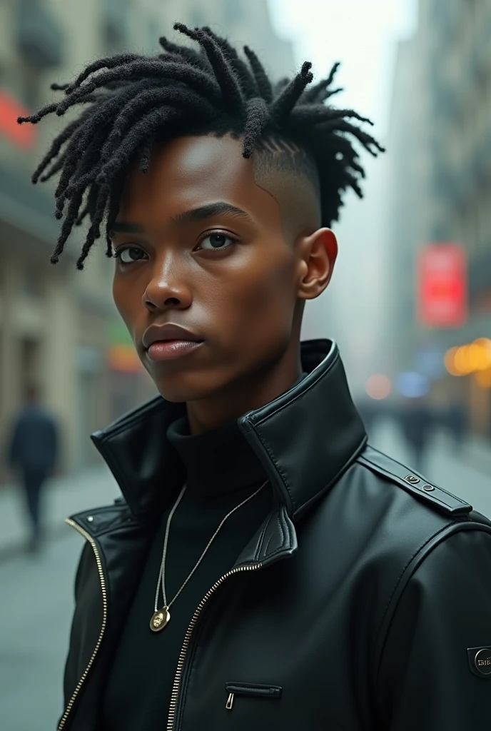 marshall_lee_fionna, young man, 23 years old, muscular, large pectorals, broad shoulders, black hair, black leather jacket, ((white shirt)), upper body, dreadlocks, ponytail, dark skin, smiling, cafeteria <lora:marshall_lee_fionna-30:0.6>