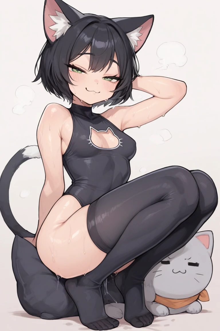 (((((Solo))))), ((BOY with short black hair in a small ponytail)), ((cute cat ears)), ((wearing a black tank top)), ((stockings)), (shorts), (long black cat tail), blushing, plain background, showing off butt, ((fat thighs)), ((cute face)) (((flat chest))), (((flat chested)),  ((grey eyes)
