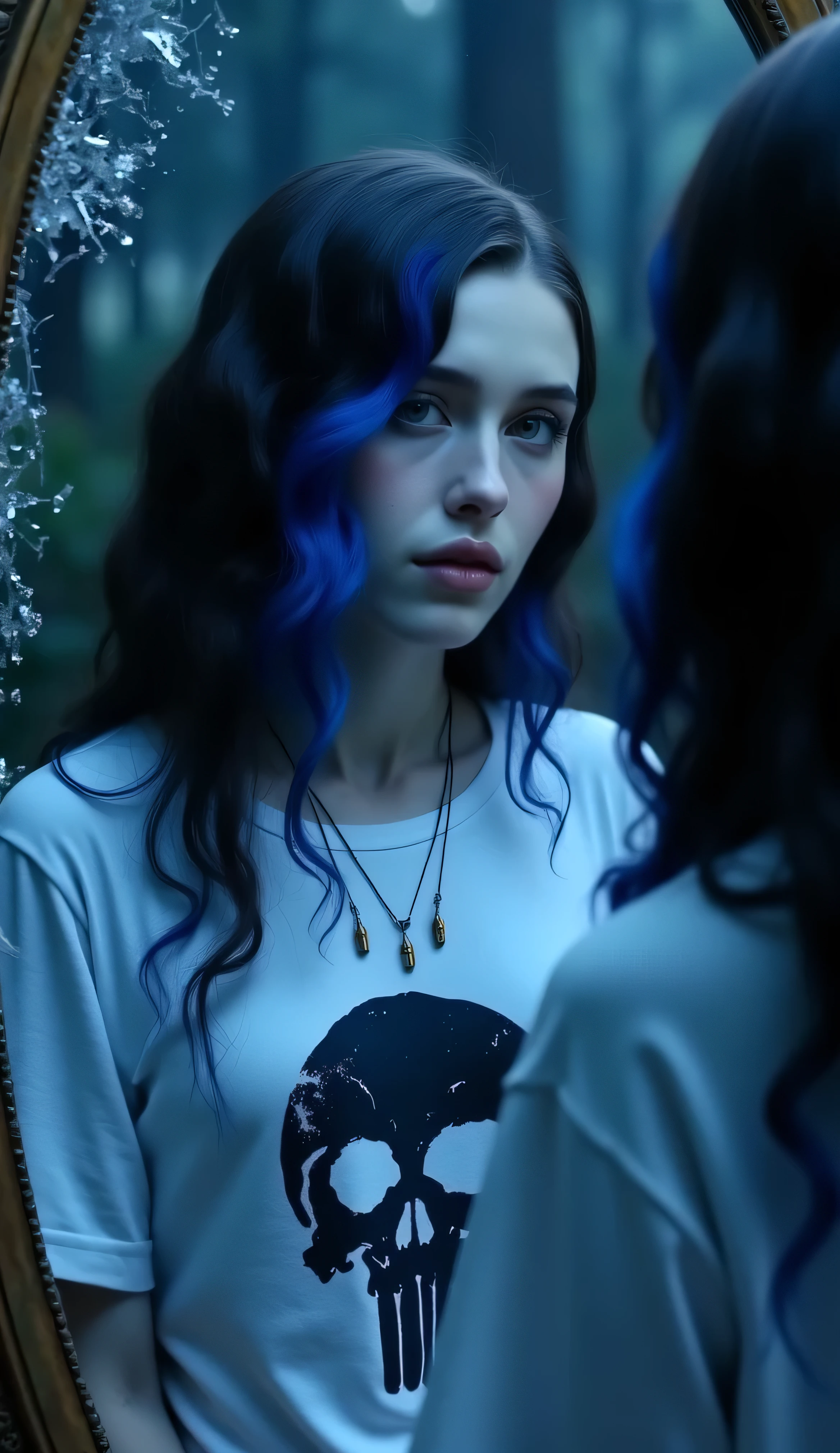 A full body dramatic artistic shot from behind of a beautiful young woman with dark wavy hairstyle with a single vivid blue streak on one side, ((very pale skin)), white tshirt with skull print, necklace with 3 bullets, looking at her reflection in a broken mirror, cinematic shot, cinematic composition, thick mist, ((((deep dark sapphire blue color)))), at night, darkness, shadow, masterpiece, digitalart, painting, split complementary palette, muted, monochromatic, achromatic, (cinematic artistic composition), best quality, (ancient feel), philosophy, (flickers of floating glowing tiny blue particles), (((digital art style))), brushstrokes, artistic, sunset hard edge rim lighting