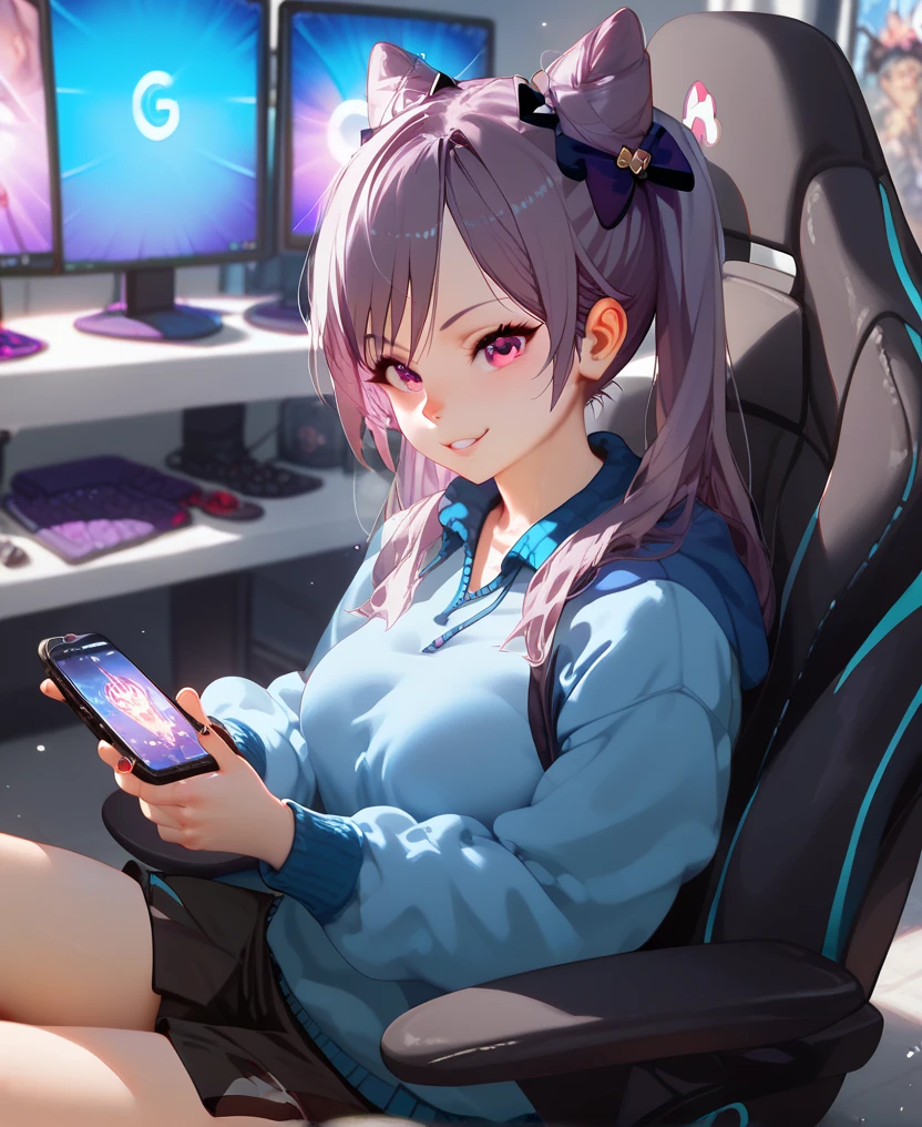 (masterpiece, best quality:1.5), (ultra detailed, high resolution, 8k, beautiful detailed, UHD, best anatomy), purple pigtails hair, small breasts, 1 girl, short skirt, thin oversize shirt, crossed legs, from below, panties, sitting in a gaming chair, pouty look