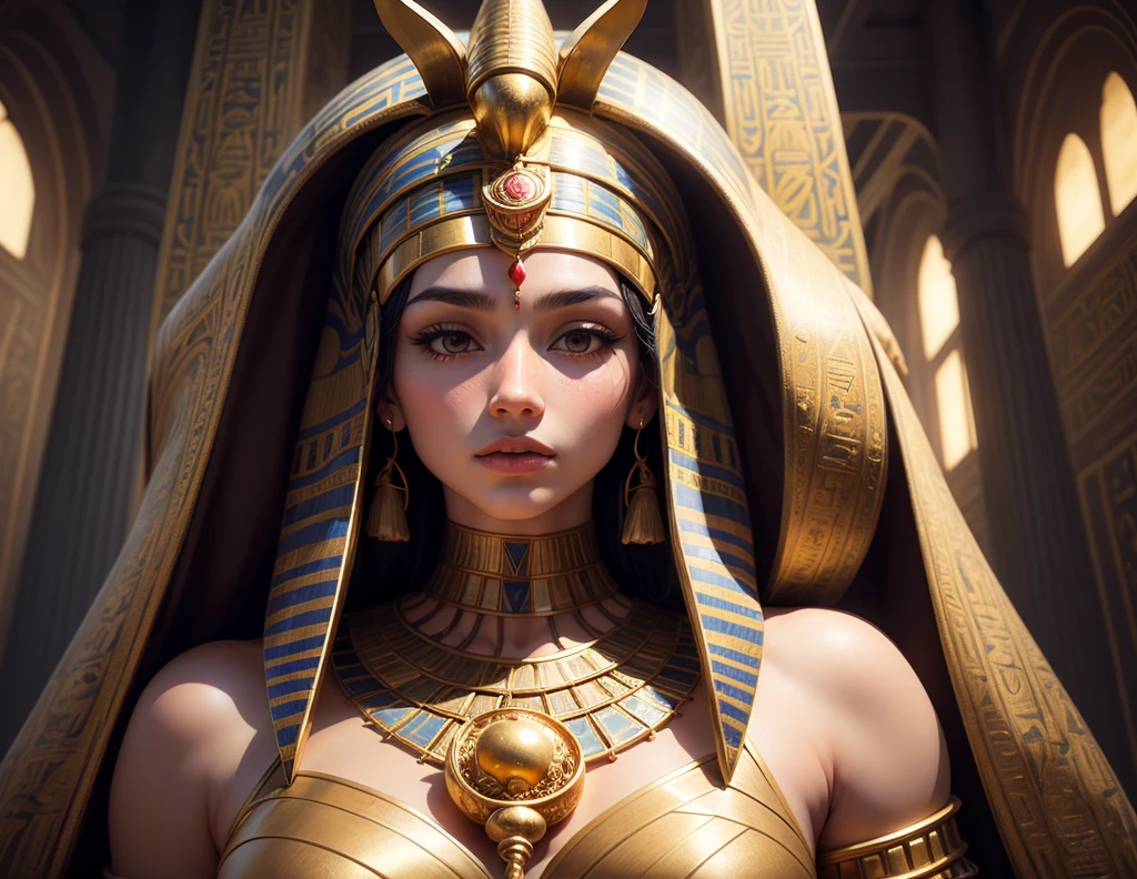 A stunning intricate full color portrait of young woman as, (the ancient egyptian queen), epic character composition, real, photoshoot, realistic, perspective, luminescent, bright colors, illusion, atmospheric scene, masterpiece, best quality, (detailed beautiful face, detail skin texture, ultra-detailed body:1.1)