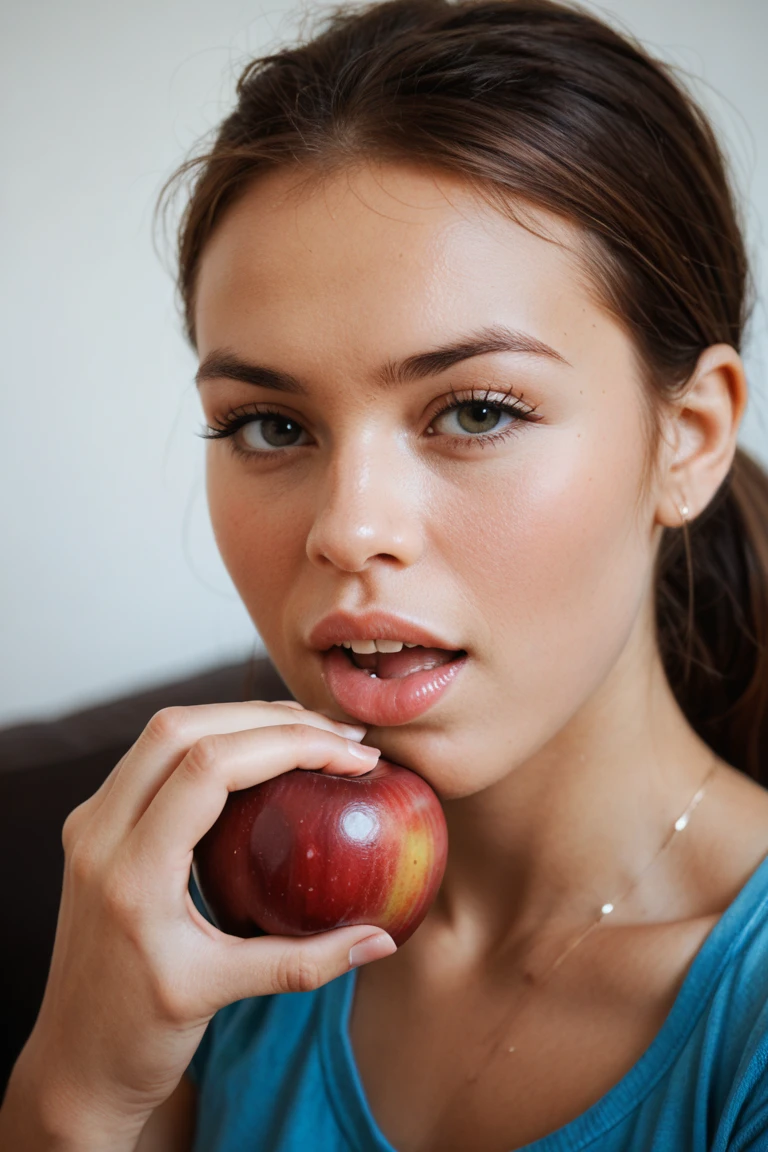(best quality,photorealistic),(medium:1.1),(portrait,realistic),(vivid colors),(studio lighting),(woman:1.1),(smiling:1.1),(wearing gym clothes),(ponytail hairstyle),(holding a small apple)