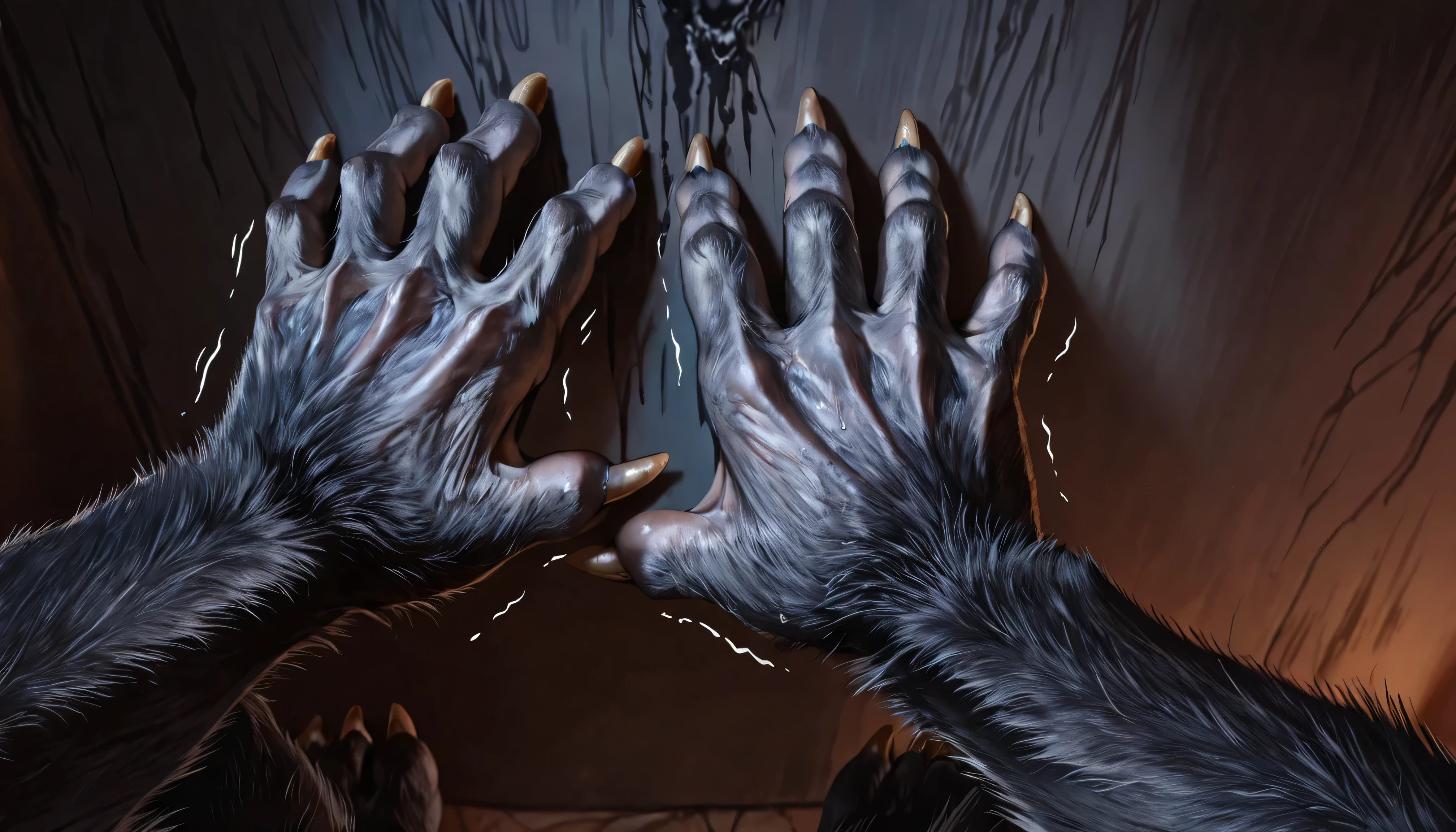 Pov, looking at own body, Werewolf:1.3, Werewolf transformation, body, morfing, paw:1.3, animal toes, grey thick fingers, claws, ((fur)), shaking:1.1, sweating, thick fingers, torn clothes, torn socks, deep night, ((darkness, dramatic moonlight, night)), abandoned jail, ((Ultra-detailed, Realistic, realistic:1.37), 4k, 8k, RAW, HDR, UHD, Canon EOS P3, Canon EOS R3, 85mm f/1.4, 15mm, 35mm, 80mm, f2.8, high resolution, hd, full colour, 4k, high definition, sharp focus, smooth, Professional, cinematic, extreme detail, (high detail:1.4) description, masterpiece, deep shades, best quality,))