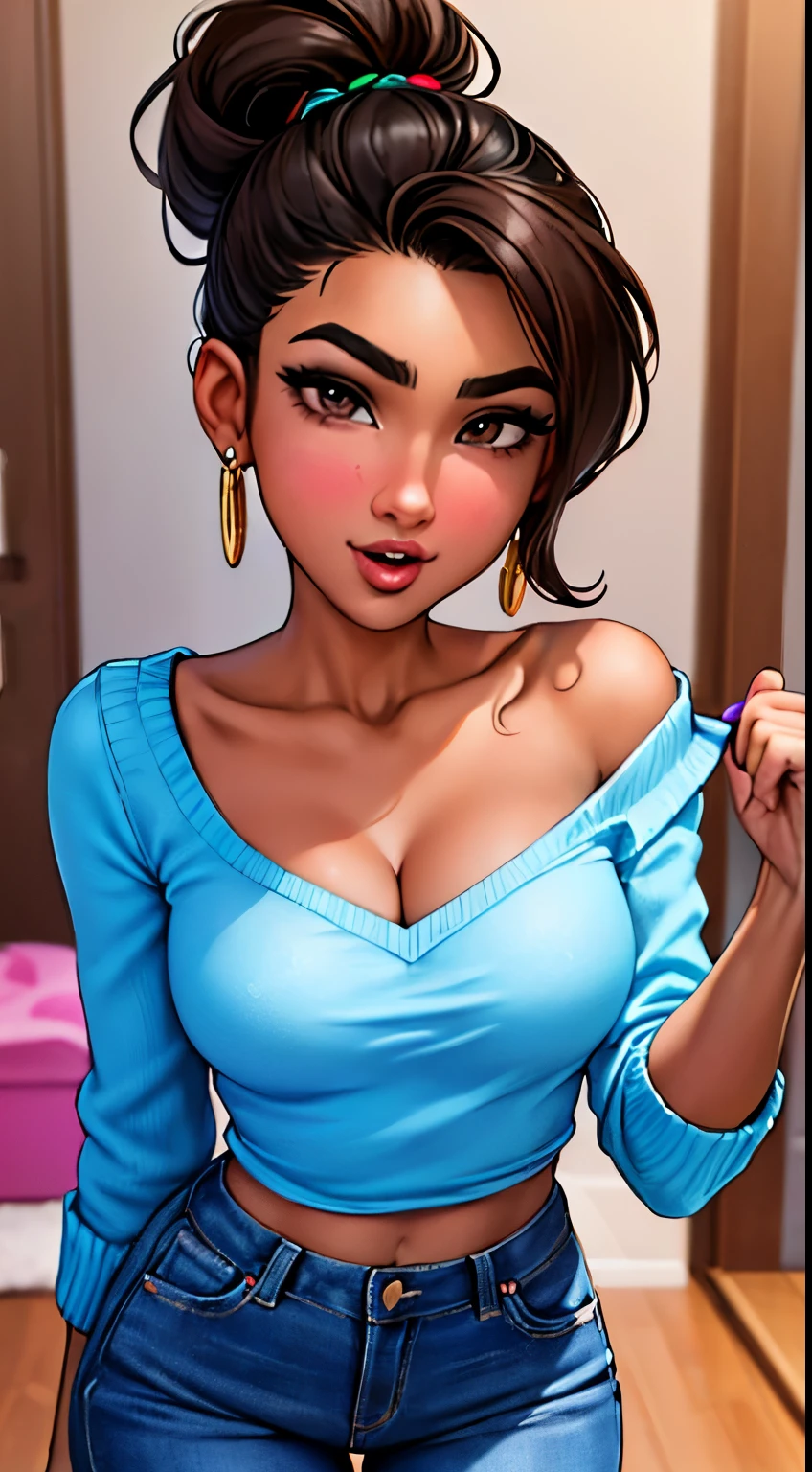 Amazing portrait of a sexy woman with beautiful brown skin, striking eyes framed by perfectly shaped eyebrows, and a warm, captivating smile, with her long, lustrous dark hair styled in a stylish updo, having a slender, petite frame, wearing a colorful and stylish top with embroidery, paired with flowing pants, chunky jewelry.
