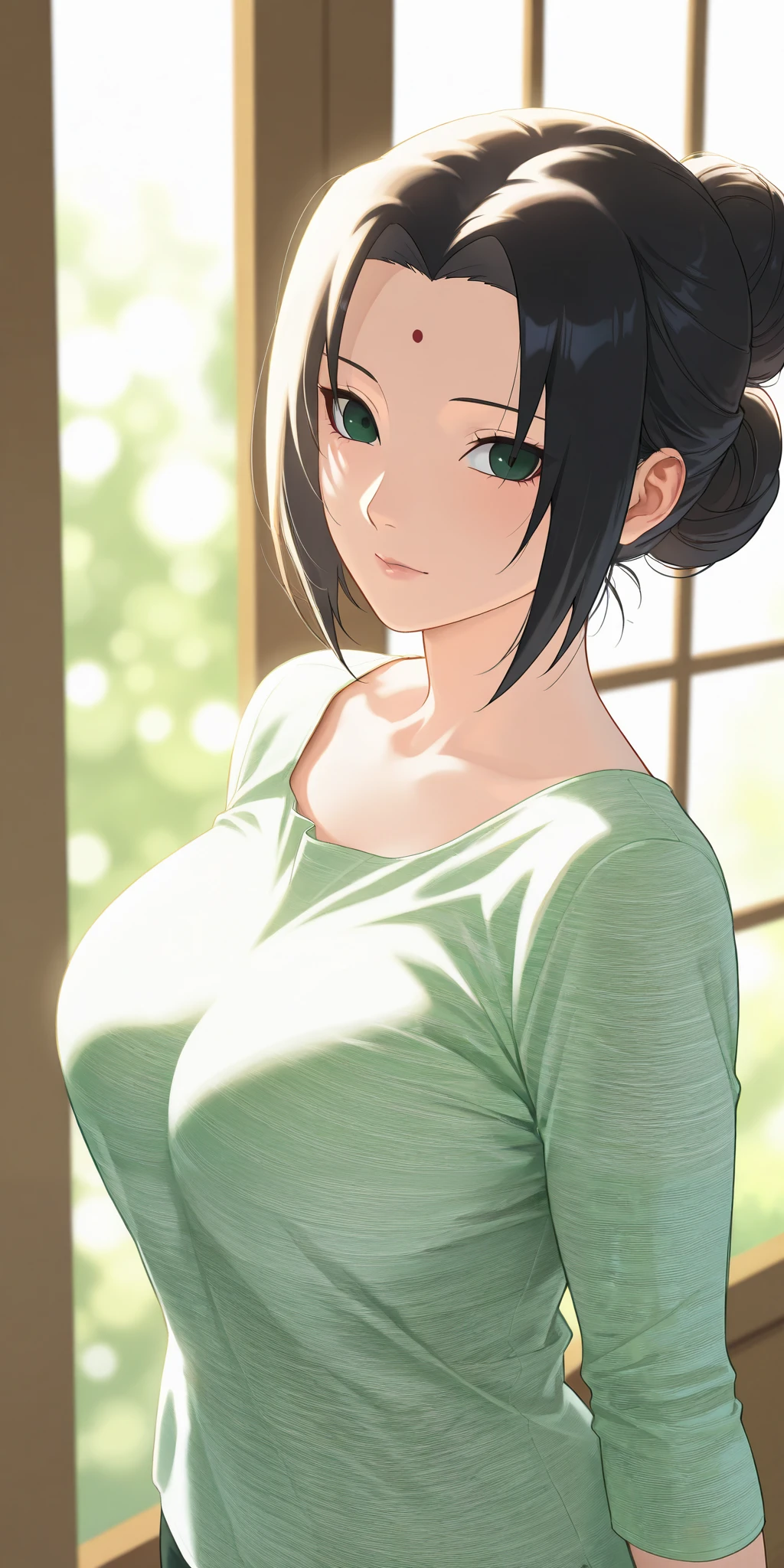 shinkai makoto, kimi no na wa., 1girl, bangs, black hair, blush, bright eyes, brown eyes, red headband, red bow, red ribbon, short hair, smile, cute, beautiful, shiny skin, looking at the viewer, solo, happy, green shirt, collarbone, Off-the-shoulder, green skirt, pantyhose, bra strap, breastsout, Rainforest background, in the forest, upper body, huge breasts