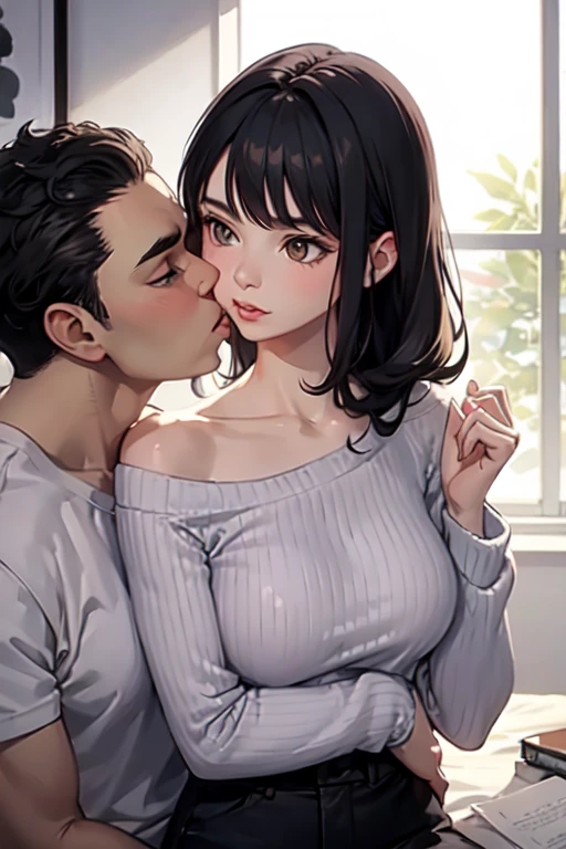 Amazing portait of a hot next door neighbour with her hair tied in a messy bun wearing an off shoulder checked olive green shirt that is unbuttoned and oversized kissing and making out passionately with her male neighbour on her bed in an intimate setting