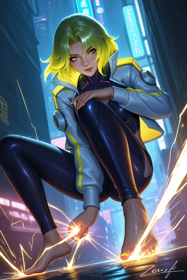 (obra maestra, mejor calidad:1.2), detalles intrincados, What \(League of Legends\), 1 chica, dos colas, golpes, chaqueta, pelo verde, top corto