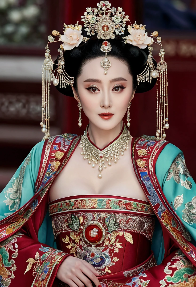 The Empress is standing with her large breasts, her hair is tied up and pulled up, and her lower abdomen is decorated with gorgeous flowers.、A perverted, erotic woman wearing the crown of a Qing Dynasty empress. The background is the stone paving of a Chinese palace during the Qing Dynasty.