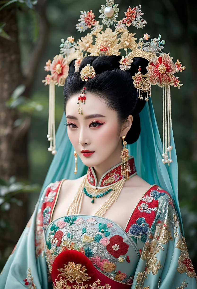 A woman seen from the front, bent over on the ground facing forward, legs spread apart, busty and naked, wearing a crown and showing her thighs and feet from below, in the Chinese imperial court of the Qing dynasty.。She is completely naked, showing off her gorgeous large flowers and hairpins, her hair tied up and pulled up, and the background is the stone paving of the Chinese palace of the Qing Dynasty.