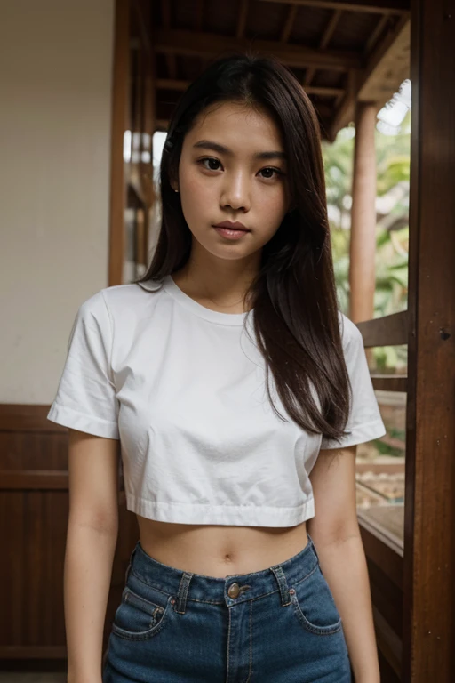 A South east Asian girl, 15yo petite girl, in a white t-shirt, in a room, baby doll face, erected nipple, full body photography, 8K photo,
