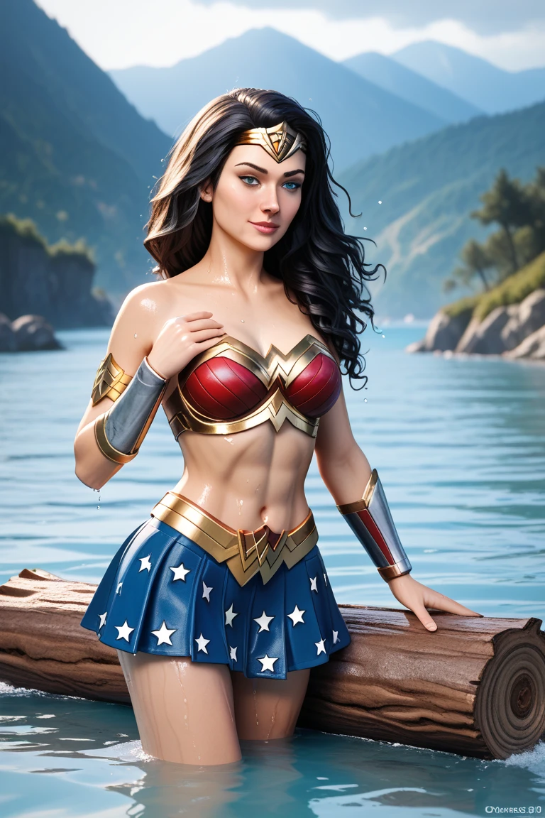 Wonder Woman, Wonder Woman, Portrait of Wonder Woman, Superhero Costume, Superhero Pose, Superhero Girl, Bodybuilder Superhero Bikini, Superhero, Atlantis, Lasso, Posing Like a Superhero, Posing Heroically, Superhero, With a Golden Lasso in Hand, Standing, ((Top Quality)), (8k, Very detailed, full-length frame, high-detail RAW color art, Masterpiece: 1.2), (Realistic and realistic photos:  1.37), cinematic lighting rendering, photon mapping, physics-based rendering, Wonder Woman, mouth closed, out of breath, serious, (intricate details, makeup), (delicate and beautiful delicate face, delicate and beautiful delicate eyes, perfectly proportioned face), (realistically moist skin: 1.0), (drenched body: 1.0), (wet skin), wet hair, delicate skin, strong and realistic blue eyes, realistic black hair, lips, makeup, natural skin texture,  Tiaras, jewelry, stars \(symbol\), leotards, bulletproof gauntlets, red boots, golden girdles, (public clothing: 1.5), bare shoulders, slightly sunburned skin tone, mature, sexy, elastic muscles, (muscles:1.2), ((strong and healthy body)), ((((more) muscles))), long legs, curves, (big breasts: 1.3), thin waist, soft waist, (delicate skin), (beautiful and sexy woman), (swollen lips: 0.9), (eyelashes: 1.2), very delicate muscle definition,