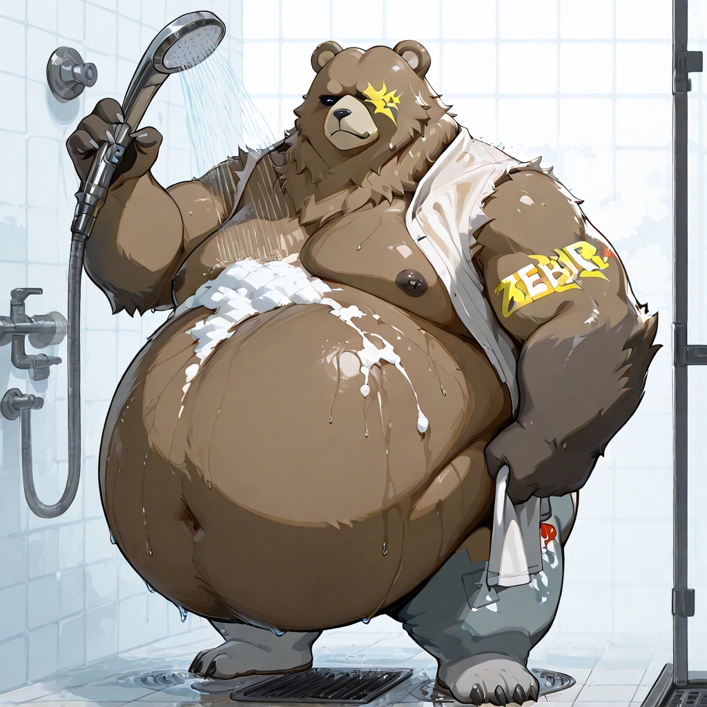 oso,peludo,muscle,vientre inflado con manguera de aire en el culo,bombeando agua en el vientre desde el culo,enorme bulto,ropa interior,Sin camisa,fondo de la sala de mangueras,Sin camisa