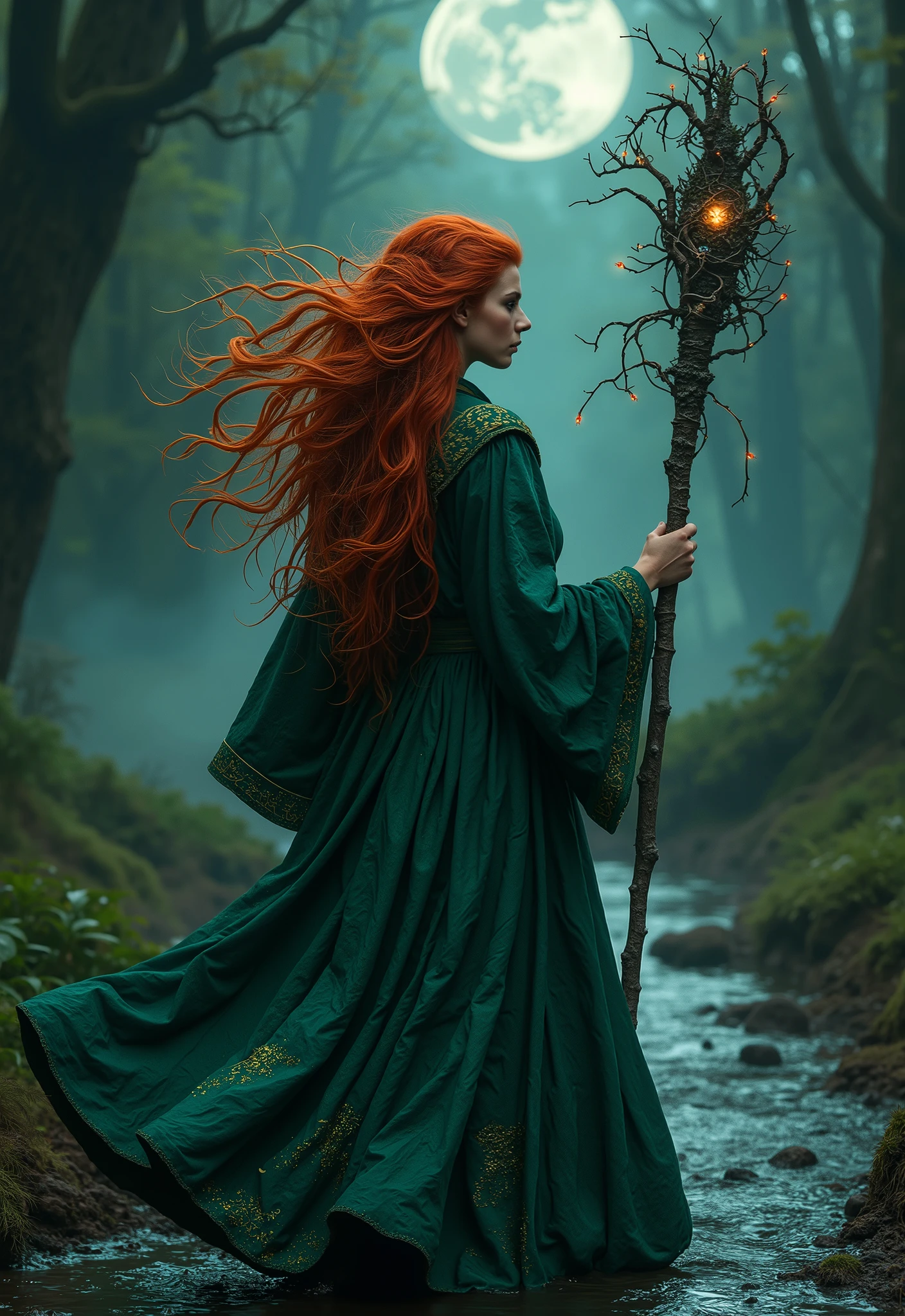 A high-quality, full-body, realistic image depicting horror and terror. A striking young woman with fiery red hair forming chaotic, tendril-like shapes. Her emerald-green ornate robe is interwoven with glowing, thorny vines. She clutches a magical gnarled black oak staff with growing bioluminescent sharp, thorn-like vines that crawl and twist across it. She walks along a stream, fog forming on the ground of a dense, overgrown forest at twilight. Blurry and horrifying shapes hint at a twisted, skeletal, bulky, shapeless silhouette with glowing pinpricks for eyes. The shadow appeared to be closing the distance, its form growing subtly larger. The shadowy figure seems to be fixing its unseen gaze upon her back. In the background, a full blood moon illuminates the dark clouded sky. Her piercing gaze is filled with primal fear, reflecting the unseen horrors of the woods. [Negative prompts:  poor quality, low quality, bad quality, deformed, ugly, mutation, blurry, grainy, noisy, pixelated, watermark, signature, text, logo, deformed hands, bad hands, extra fingers, missing fingers, fused fingers, misshapen eyes, bad eyes, disfigured, malformed, poorly drawn face, bad anatomy, incorrect anatomy, cartoonish, anime, manga, sketch, drawing, 3d render, cgi, illustration, lowres]