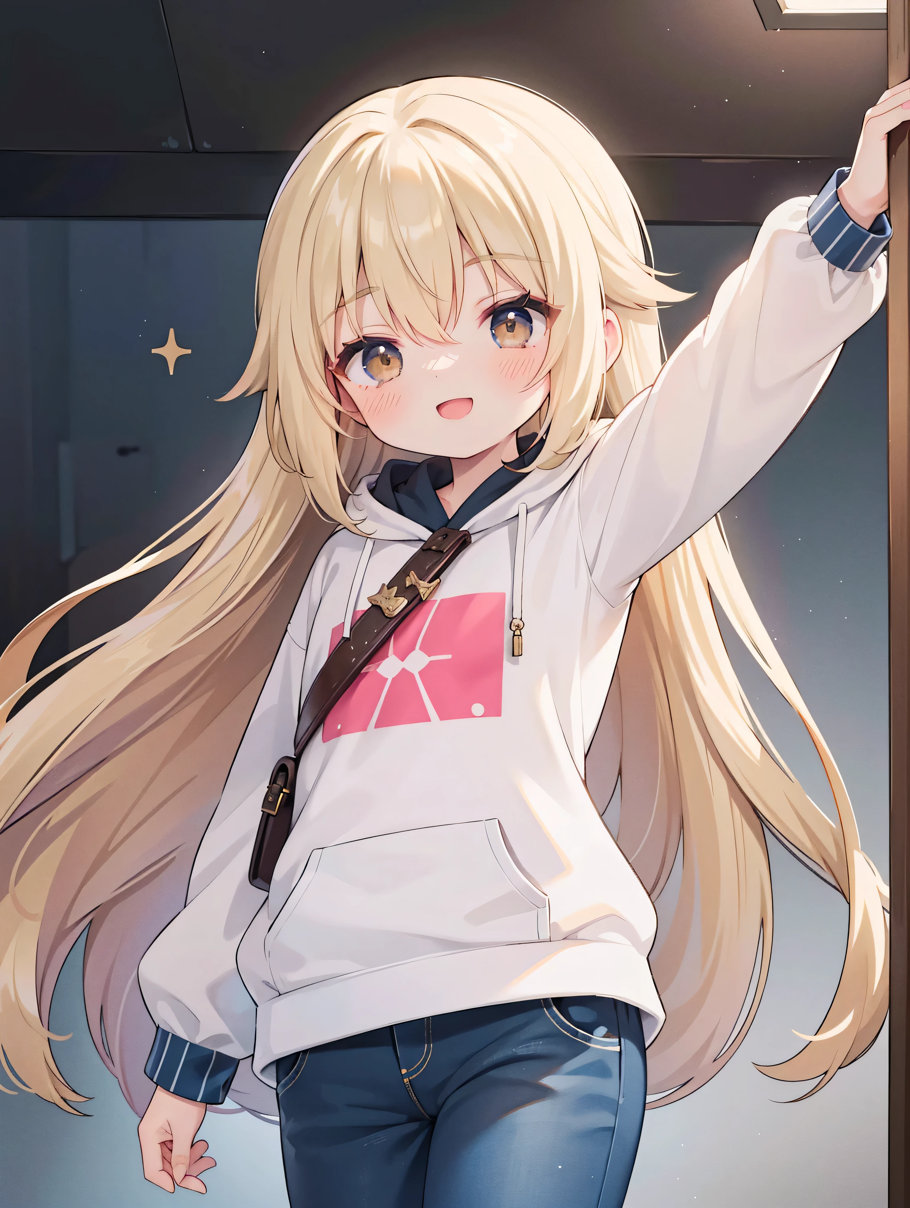 extremely DetailD的 CG unifieD 8k wallpapers, very fine 8kcg background pictures , Huang Li,aDs on , Best quality ,ultra - DetaileD , beautiful face , Meisterwerk、 Meisterwerk, erstklassig, 1 girl in, A girl stanDs, Best quality , 1 girl in, ”} The explosion ,, allein, Start-up, ssmile, with an open mouth, smiles sweetly , Looking at the viewer , arms stretcheD wiDe, monochrome beige hoodie, blue jeans, sneaker, long dark blonDe hair , longer sleeves , Durch Pony,, brown eyes, :D, long BlonDe hair, keep hair between the eyes ,aufspringen ,