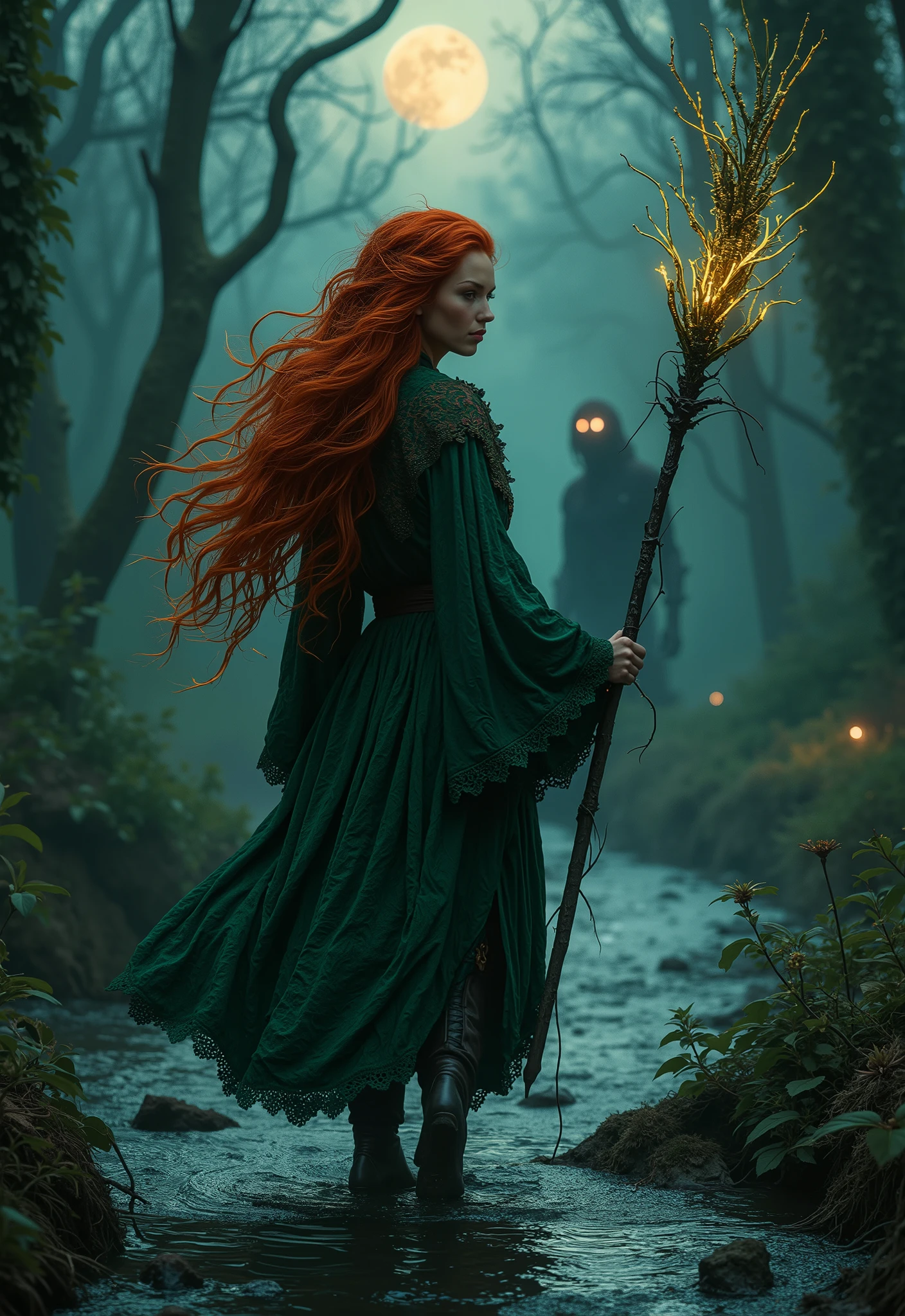 A high-quality, full-body, realistic image depicting horror and terror. A striking young woman with fiery red hair forming chaotic, tendril-like shapes. Her emerald-green ornate robe is interwoven with glowing, thorny vines. She clutches a magical gnarled black oak staff with growing bioluminescent sharp, thorn-like vines that crawl and twist across it. She walks along a stream, fog forming on the ground of a dense, overgrown forest at twilight. Blurry and horrifying shapes hint at a twisted, skeletal, bulky, shapeless silhouette with glowing pinpricks for eyes. The shadow appeared to be closing the distance, its form growing subtly larger. The shadowy figure seems to be fixing its unseen gaze upon her back. In the background, a full blood moon illuminates the dark clouded sky. Her piercing gaze is filled with primal fear, reflecting the unseen horrors of the woods. [Negative prompts:  poor quality, low quality, bad quality, deformed, ugly, mutation, blurry, grainy, noisy, pixelated, watermark, signature, text, logo, deformed hands, bad hands, extra fingers, missing fingers, fused fingers, misshapen eyes, bad eyes, disfigured, malformed, poorly drawn face, bad anatomy, incorrect anatomy, cartoonish, anime, manga, sketch, drawing, 3d render, cgi, illustration, lowres]