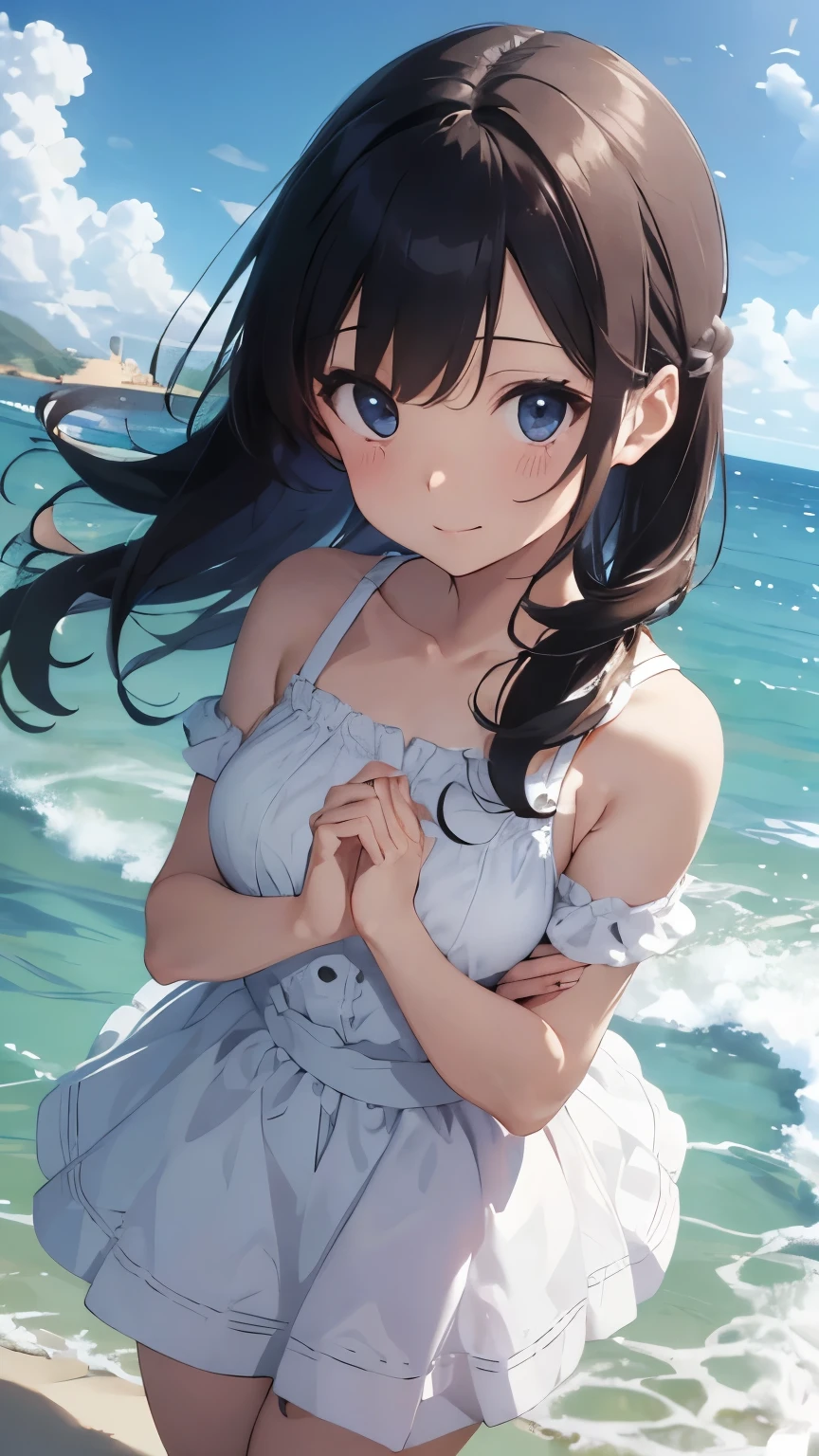 ((4k、8k、top-quality、Perfect Finger:1.3、Perfect Anatomy:1.3、Blur the background))、two people、((elementary student、6years old、Small breasts、Cute droopy eyes、stright long hair、A slender))、a smile、(trichromes、onepiece swimsuit)、Angle where the whole body is depicted、、White sandy beach、