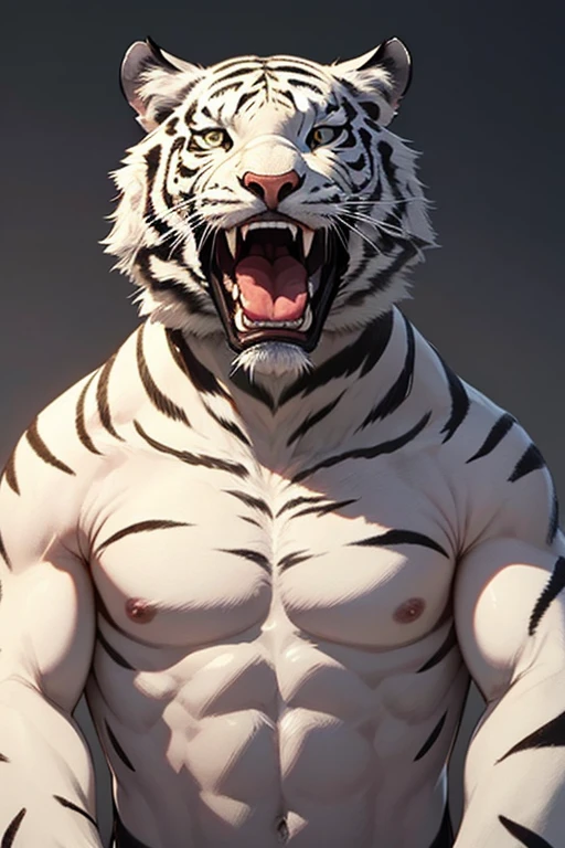 (masterpiece,highest quality,super detailed,perfect anatomy),kemono,white background,particles of light,sharp focus,by null-ghost,alone,anthro,Tiger,muscular
(white fur:1.5,white body:1.5),looking at the viewer,fine eyes,thong,dog tag