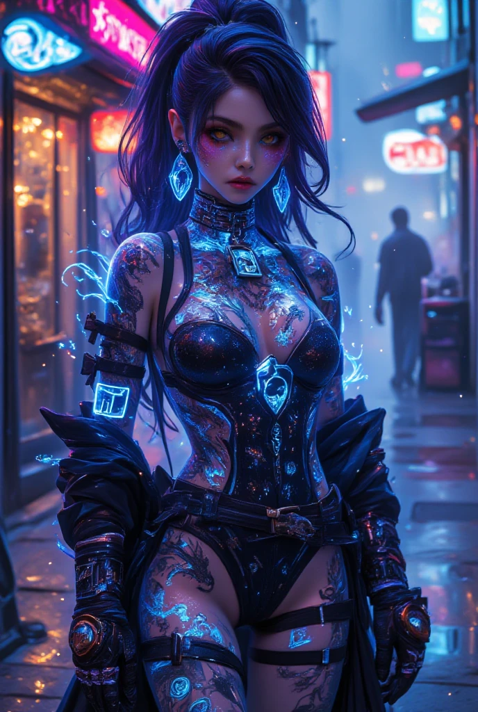 An evil female character with neon stars in,in the style of tanya shatseva, kawacy,shiny/ glossy, neonpunk, Beautiful breast, medium breast, shilin huang, light black and magenta, leather/ hide. Renaissance masterpiece painting. world renowned for its feelings of sadness of two hands bound in chains separated by distance reaching out to each other but never touching, masterpiece,vibrant colors,stunning visuals,ultra skin texsture,stable diffusion,perfect anatomy,crazy details,realistic lighting,neonpunk city background