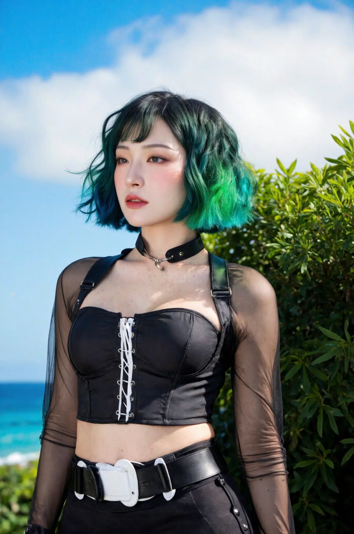 Sheer tank top、Transparent nipples、See-through leggings、pantyhose/stockings、forest、Pussy line、Blue Hair