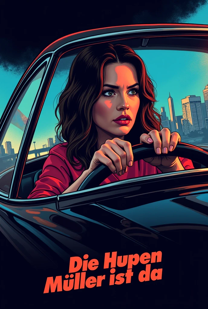 Painted Movie poster  from 1960 depicting a pulp movie called "the driver" starring michelle pfeiffer|aubrey plaza, (((driving a car))), (low angle shot), (camera looking up to the subject), minimalistic style, wide angle shot, (pulp style sketch), black|red colors, city background, monochrome, minimal, ((low details)), duo colors, two colors, (sketch by milton caniff), broad strokes, moody, (((cell shading style))), hard shadows, high contrast, (one light source from the left), face in half shadows, dramatic minimalistic sketch by milton caniff, full body shot, car, wide angle