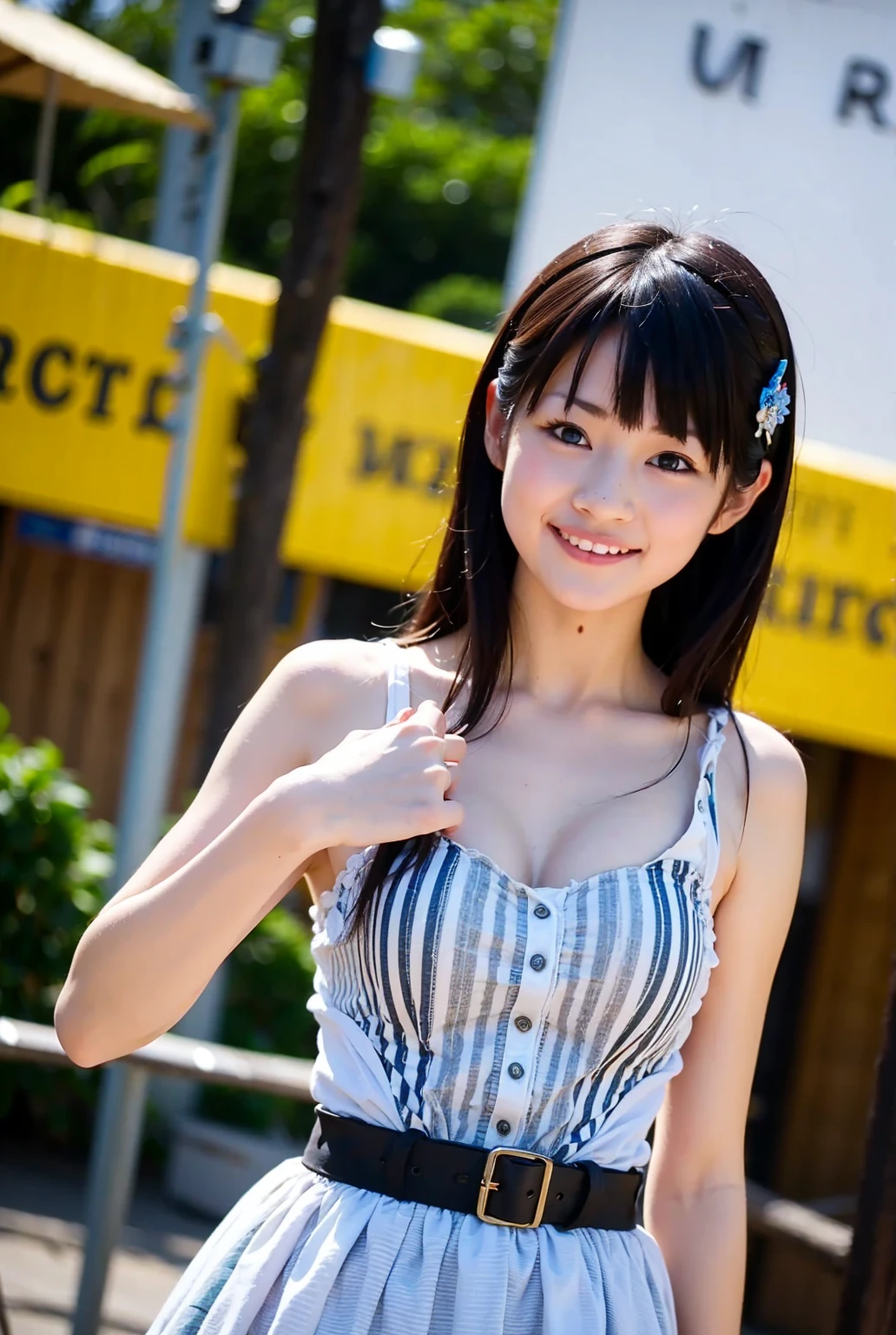 A very cute face like an idol、A young-looking 20-year-old woman、Smiling Kindly、Wearing a cute modern Japanese yukata、Cleavage、noon、Shooting at a Japanese festival stall、(Natural light)、((Whole body))、High level of artistry
