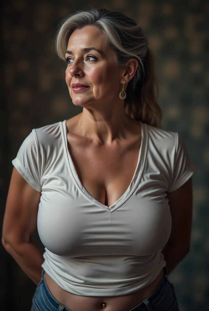 RAW photography, shadows, cinematic lighting, realistic reflections, and highly detailed, fat woman, 60 years old next to a window, wide hips, beautiful, angry, giant breasts, short white summer dress, standing