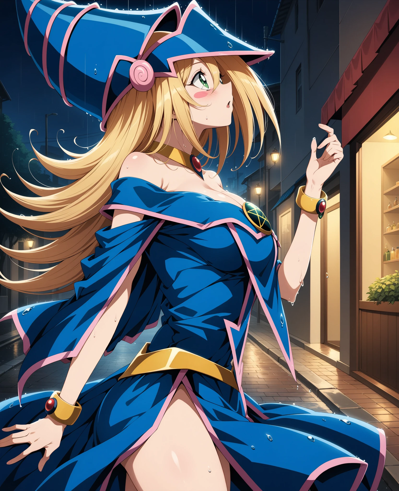 (Masterpiece, better quality, very aesthetic, ultra detailed), prostimulum background Intricate details, 4k, admg, long hair, pelo rubio, has, blue hat , green eyes , blush stickers, breasts, choker, bare shoulders clothing, neckline, blue dress, pentacle , bracelets, pelvic curtain, falda rosa, street, night, from side, rain, wet, looking up