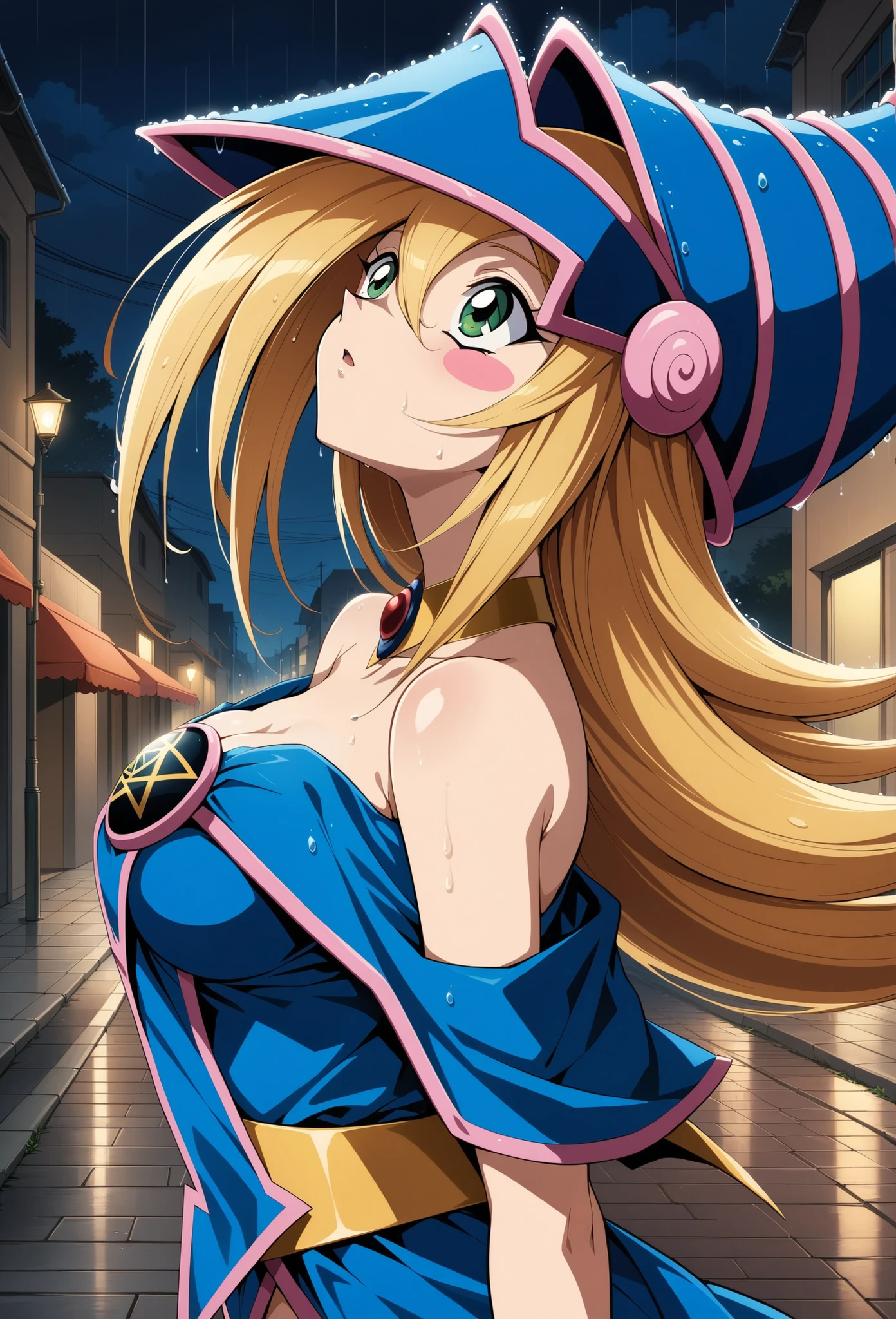(Masterpiece, better quality, very aesthetic, ultra detailed), prostimulum background Intricate details, 4k, admg, long hair, pelo rubio, has,  blue hat ,  green eyes , blush stickers,  breasts, choker, bare shoulders clothing, neckline,  blue dress, pentacle , bracelets, pelvic curtain, falda rosa, street, night, from side, rain, wet, looking up