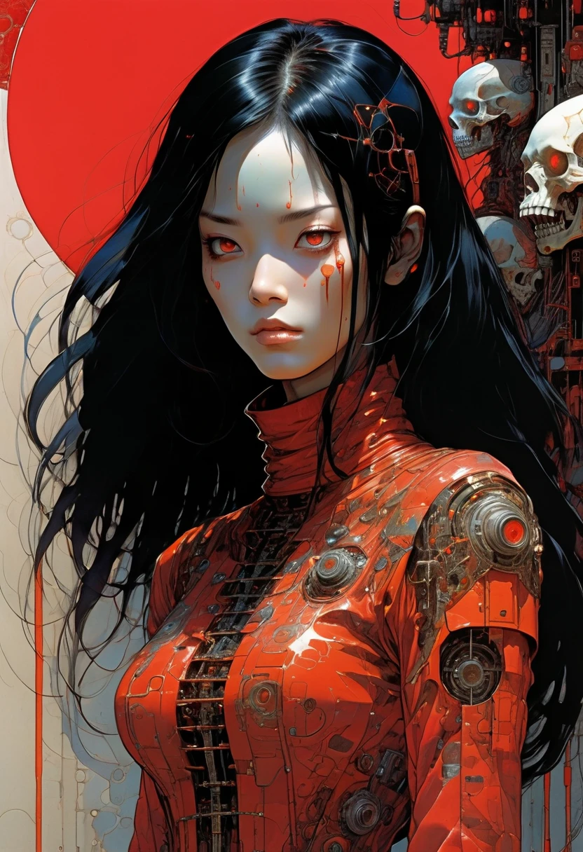 1 female cyborg  possessed by demon, 
 cleavage , praying, 
red turtle neck tight suit 
rituals 
cyborg with tubes connected her back to the wall
mechanical arms
beautiful 
long black hair
geisha
skulls 
(art  by 	 Gerald Brom	 Katsuya Terada,  katsuhiro otomo  Frank Frazetta )