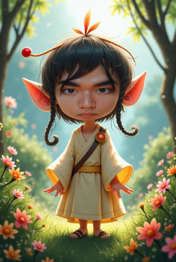 a boy with pointy ears, green pole, chinese eyes, yellow skin