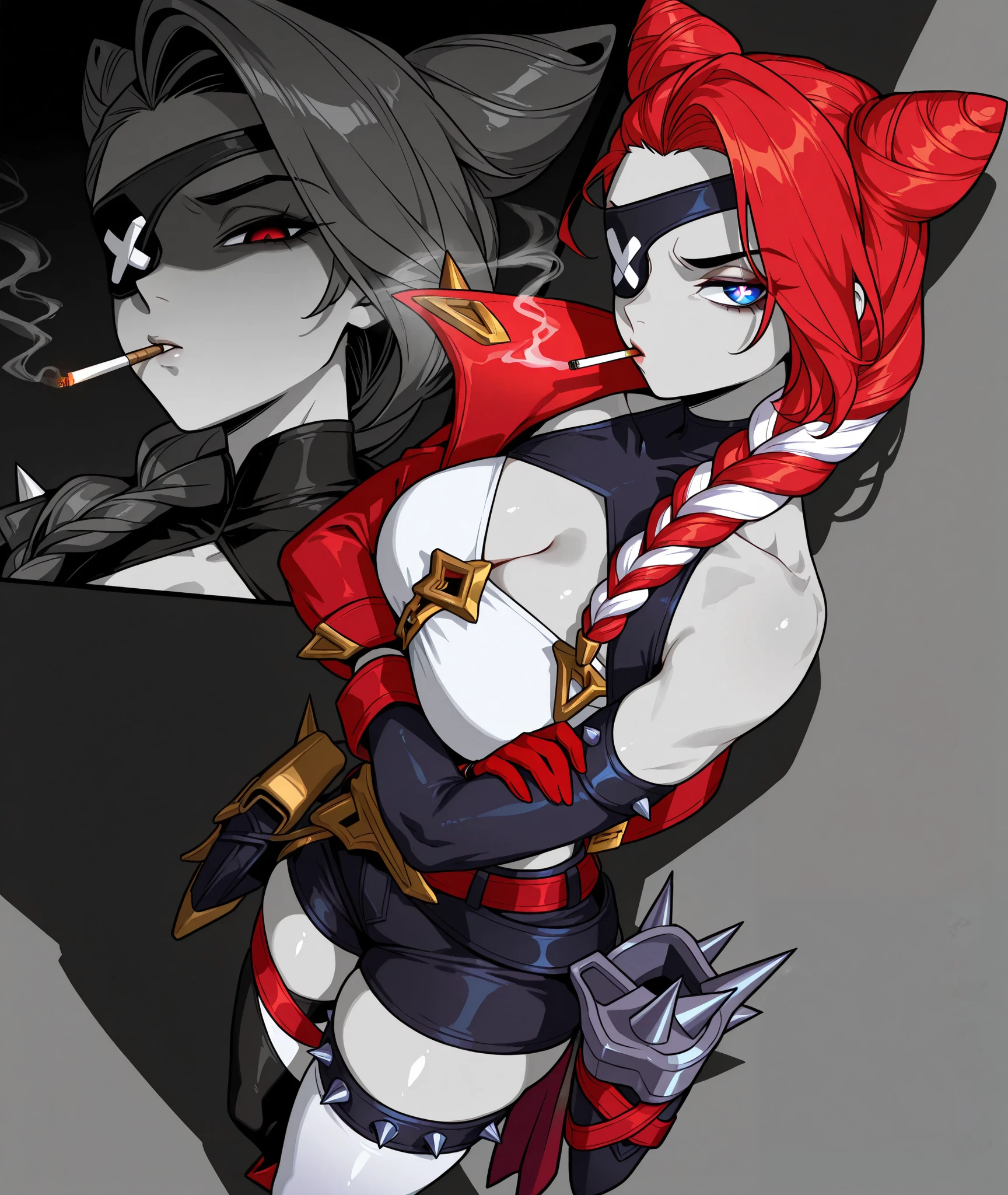 female, 1girl, SFSmira(Samira) (League Of Legends),ong hair, multicolored hair, braided ponytail, double bun, hair ornament, eyepatch, red jacket, single bare shoulder, shoulder spikes, collared halterneck, cleavage cutout, single black detached sleeve, red glove, black glove, armlet with spikes, loose belt, pirate sash, shorts, holster, single thigh strap with spikes, asymmetrical legwear, boot, empty eyes, half-closed eyes, annoyed, star-shaped pupils, smoking cigarette, blowing smoke, close-up portrait,bangs, dress, thighhighs, spot color, shaded face, black and white, from side, dynamic angle, looking at viewer, crossed arms, big thighs, slim body, athletic body