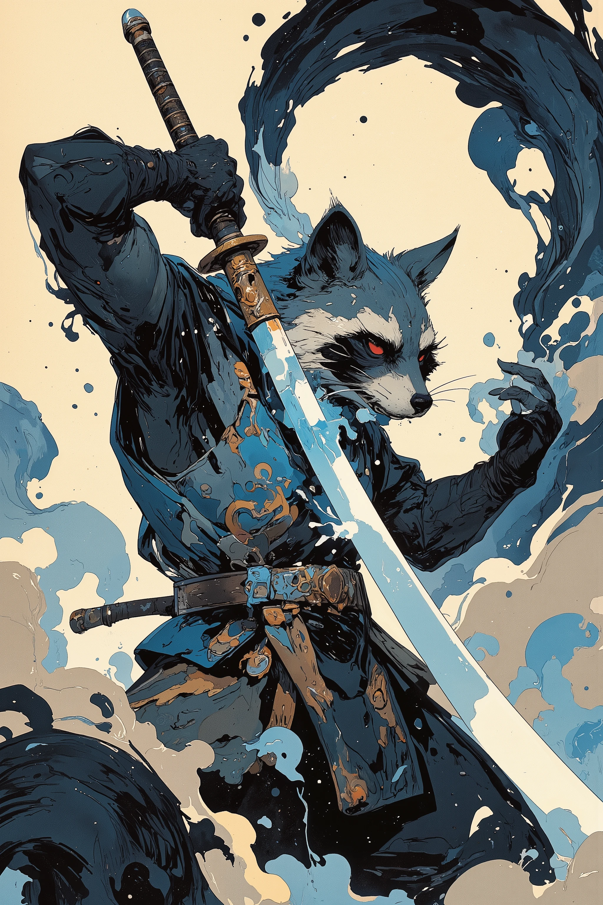 (best quality)))、(super high image quality)、(Super Detail)、(detailed description)、(Best CG ))、(masterpiece)、ArsMJStyle、(Zen ink wash painting)、raccoon , ランダムなシチュエーション,背後からのアングル,日本刀で斬りつける,(aura:1.3)