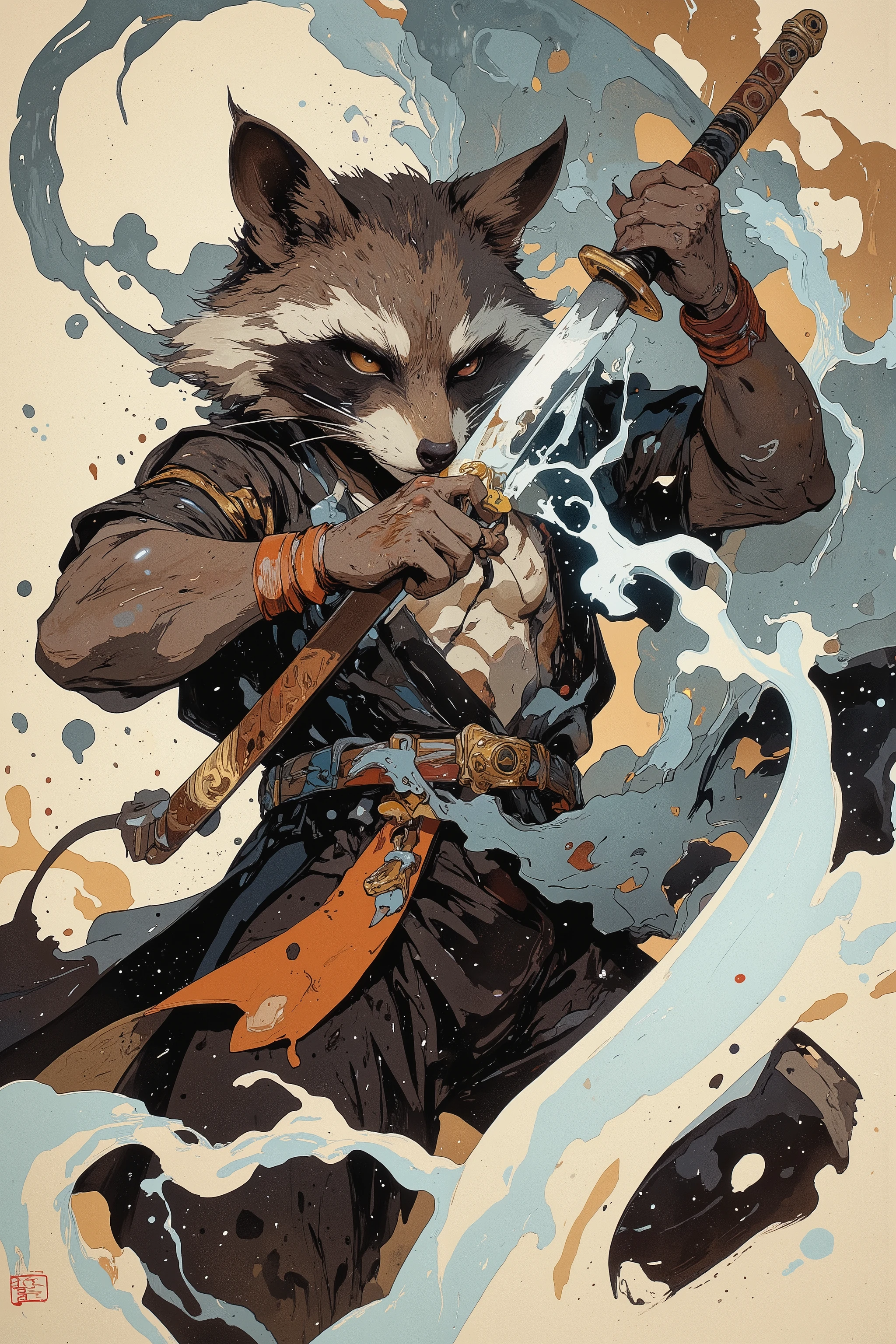 (best quality)))、(super high image quality)、(Super Detail)、(detailed description)、(Best CG ))、(masterpiece)、ArsMJStyle、(Zen ink wash painting)、raccoon , ランダムなシチュエーション,背後からのアングル,日本刀で斬りつける,(aura:1.3)