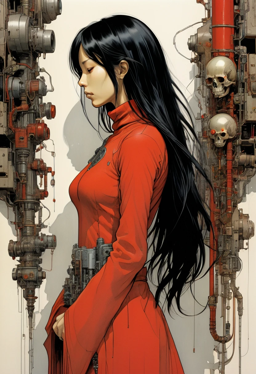 1 female demonic  cyborg , tubes connected to the wall
beautiful 
long black hair
praying
mechanical limbs
red turtle neck tight
skulls
(color ink painting by  Katsuhiro Otomo, Moebius, Victo Ngai	 Katsuya Terada, Aaron Horkey )