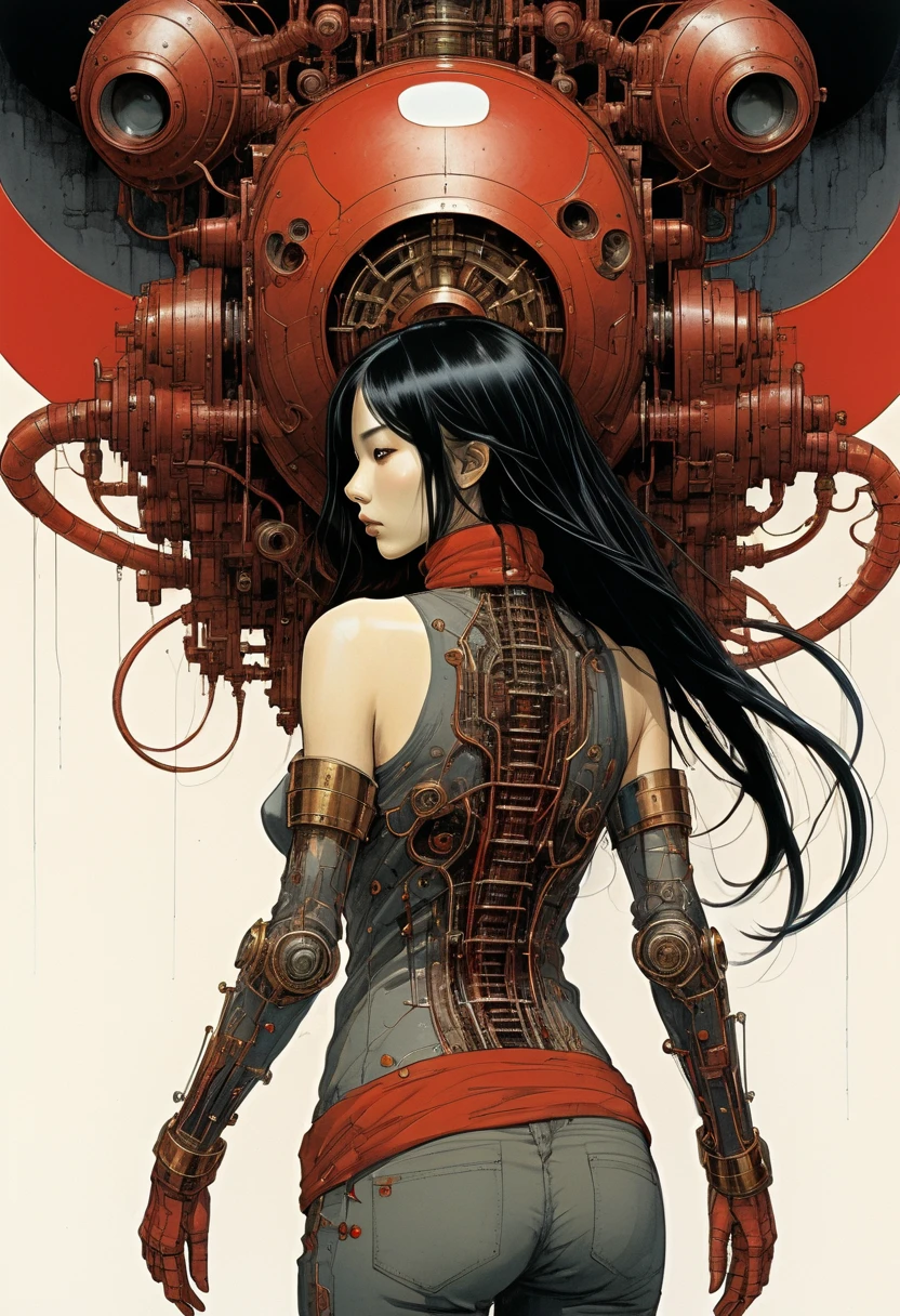 1 female demonic  cyborg , tubes connected to the wall
beautiful
long black hair
praying
mechanical arms
red turtle neck tight, sleeveless 
 (color ink painting by    Moebius, Victo Ngai	 Katsuya Terada,  )