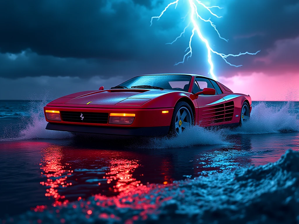 ferrari testarossa, speeding over sea, night time, neon lighting, thunder storm, cinematic lighting, dramatic atmosphere, photorealistic, 8k, ultra-detailed, professional photography, vibrant colors, moody, dramatic, powerful, awe-inspiring