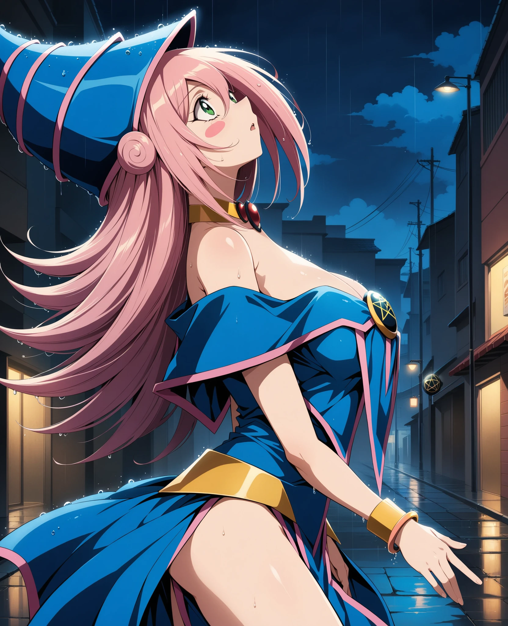 (Masterpiece, better quality, very aesthetic, ultra detailed), prostimulum background Intricate details, 4k, admg, long hair, pelo rubio, has, blue hat , green eyes , blush stickers, breasts, choker, bare shoulders clothing, neckline, blue dress, pentacle , bracelets, pelvic curtain, falda rosa, street, night, from side, rain, wet, looking up