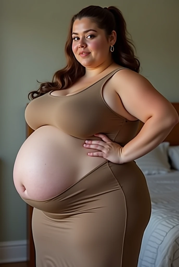 ((best quality)), ((masterpiece)), (detailed), ((173cm)),((140kg)), (Morbid obesity:1.2), female, (obese belly:1.2), [side view]