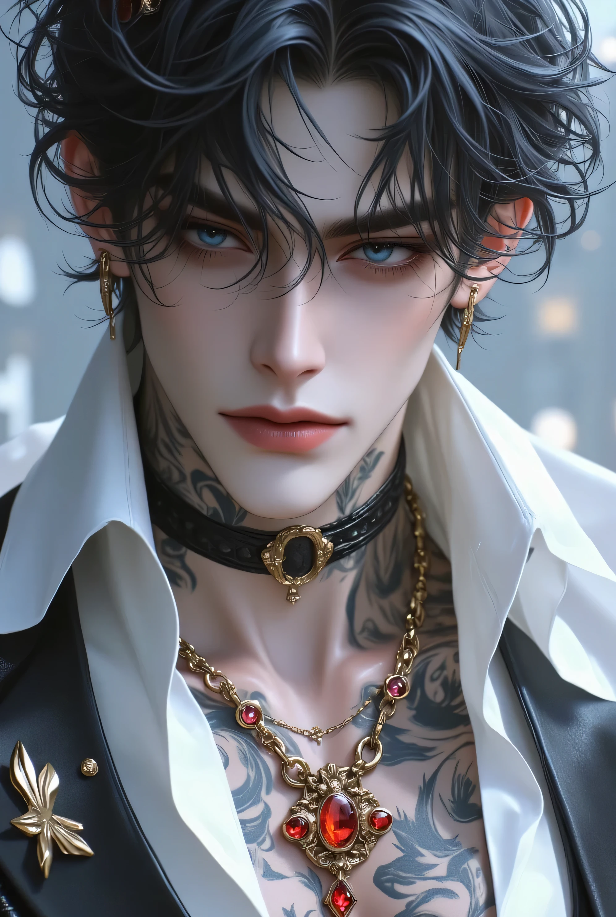 detailed body, detailed face, detailed hair, wavy light-brown hair, (stubble:0.5) shallow depth of field, realistic anime, bokeh, lifelike anime man, A stunning androgynous young man, short wavy dark hair, piercing blue eyes, delicate facial features, his white dress that is unbuttoned, detailing, intricate tattoos, he wears colorful necklace, and red and gold stones, shimmering fabric, gothic aesthetic, ethereal lighting, cinematic portrait, ultra-detailed skin texture, soft focus background, detailed body, detailed face, detailed hair, wavy light-brown hair, (stubble:0.5) shallow depth of field, realistic anime, bokeh, lifelike anime man.