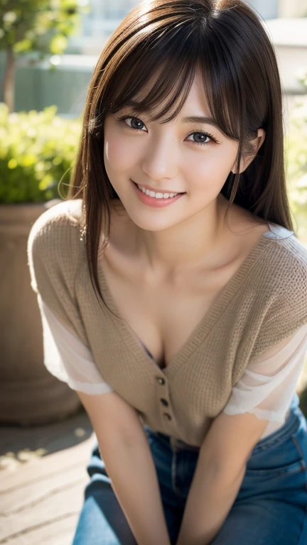 (Slouching posture:1.4),Angle from diagonally above、Long sleeve dress in knitted material、The color of the long dress is pale moss green、White bra、A smile、Smile with open mouth、sexy facial expression、The height is 157 cm、A-cup body shape、flat breast、Pretty women:1.3、A-cup、very slender body:2.8、(Medium Hair、Super small breasts:1.8)、very flat chest:1.8、very slender body、Slender Abs、Shooting on the terrace of the café in the morning、Cafe is Nishi Azabu、Urban mischievous people in Tokyo、Sitting with open legs、She is lifting the dress to the level of her stomach with both hands、Do not put anything under the dress、Panties、(Photorealsitic:1.4)、(hyper realisitic:1.4)、(realisitic:1.3)、(Smooth lighting:1.05)、(Improved lighting quality in movies:0.9)、32K、1girl in、32years old、Realistic lighting、Back lighting、Facial light、raytrace、(brightened light:1.2)、(enhanced quality:1.4)、(Top quality real texture skins:1.4)、finely eye、finerly detailed face、Fine quality eye、(Tired, sleepy and satisfied:0.0)、