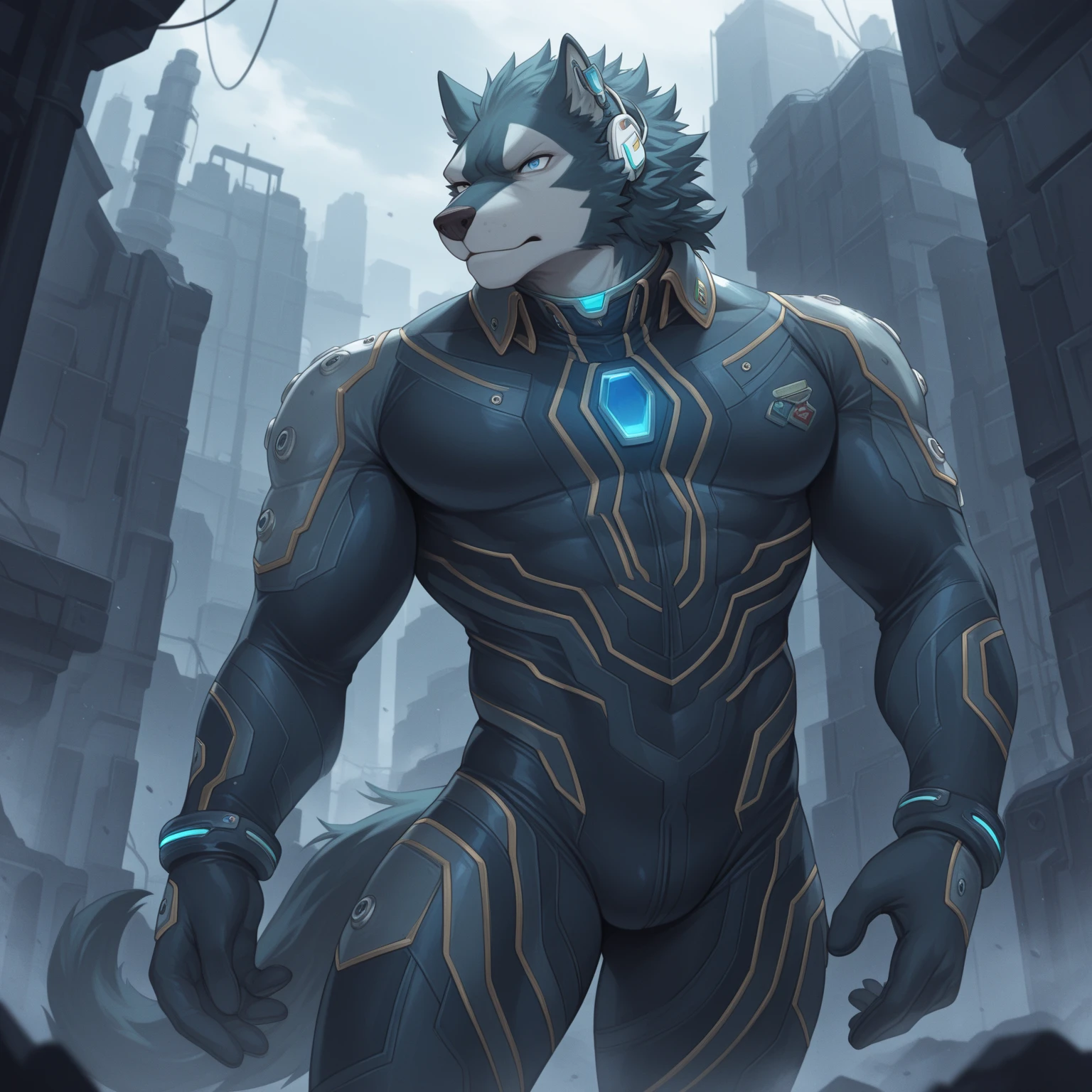 (score_9, score_8_up, score_7_up, score_6_up) BREAK (furry, source furry, uploaded on e621) BREAK robot, android, android skin, barcode tattoo, barcode tattoo on the body, (broken neck:1.2, damaged belly:1.2, cracked arms:1.2), cracked chest, solo, male, young, nude, athletic, thin waist, white arctic fox, white fur, short messy dark blue hair, cute young face, talking, black mouth, canine teeth, glowing blue robot eyes, hard nipples, black speedo, belt, holster, mechanical components, blue mechanical parts, gun, handgun, holding handgun, hand holding handgun, fight, fighting, action pose, fighting in the factory, taking cover, taking cover behind a wall, leaning into a wall, futuristic factory, futuristic factory background, angry expression, looking away, BREAK good quality, best quality, high quality, high definition, hd, 4k, 8k, masterpiece, good proportion, perfect proportion, good anatomy, perfect anatomy 