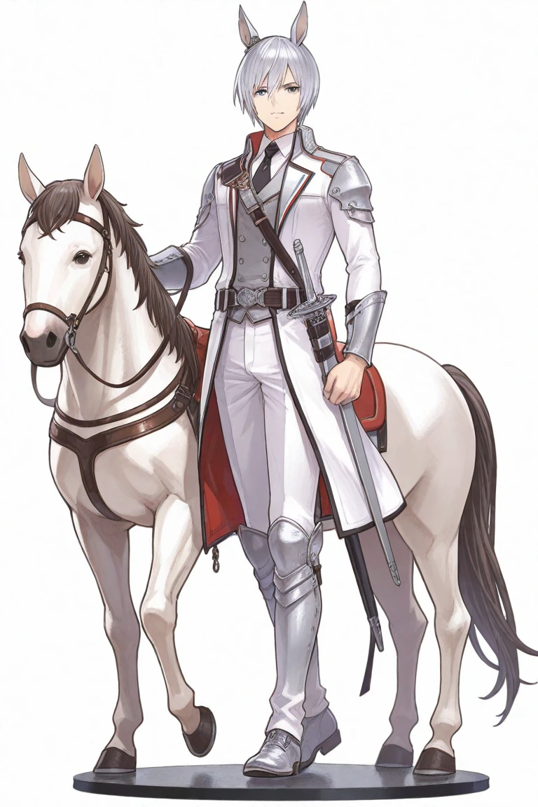 Perfect face. Perfect hands. A young white haired man with blue eyes and long hair in a white sheriff's uniform is riding a horse through a wild west town with a big smile