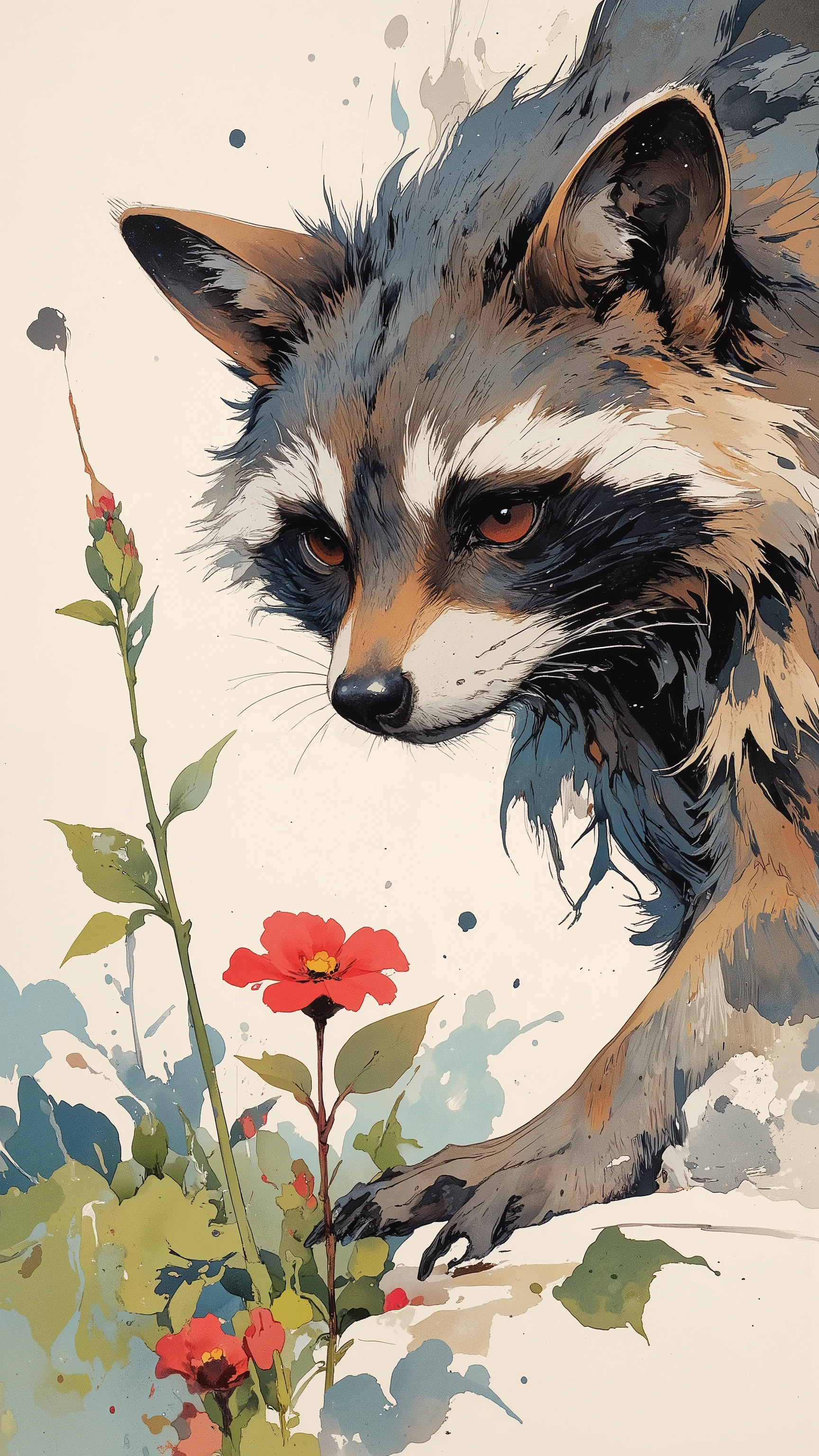(best quality)))、(super high image quality)、(Super Detail)、(detailed description)、(Best CG ))、(masterpiece)、ArsMJStyle、(Zen ink wash painting)、raccoon , ランダムなシチュエーション,背後からのアングル,(aura:1.3),セクシーな雌raccoon