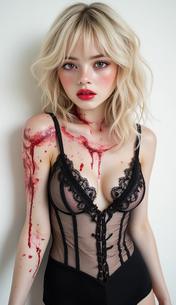  (age 25)  psycho psyco ex girlfriend  (crazy makeup, crazy hair, strappy tattered lingerie, jagged tools), smile teethshowing,large open crazy eyes, blood spattered bedroom, blood splattered over body,
