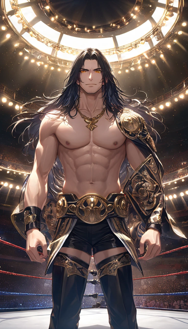 Young ebony boy, long purple hair, jackal ears, blue eyes, pharaoh's clothes, smile, open torso, masterpiece, high quality