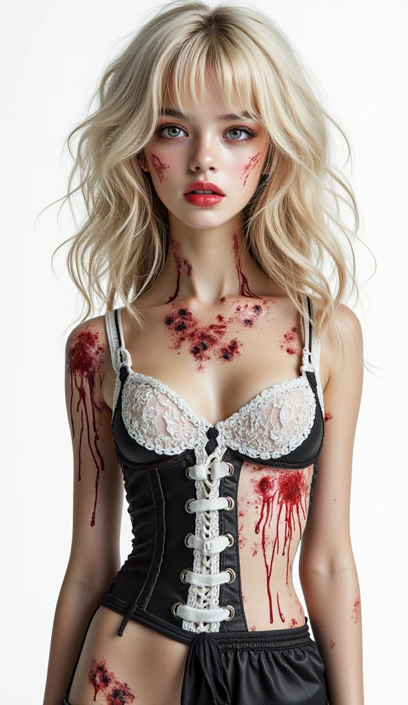 (age 25) a psychotic psyco ex girlfriend (crazy makeup, long messy hair, strappy tattered lingerie, curved lips, smile teeth showing, vibrant enlarged crazy eyes, blood spattered bedroom, blood splattered over body, bood splattered on lingerie,