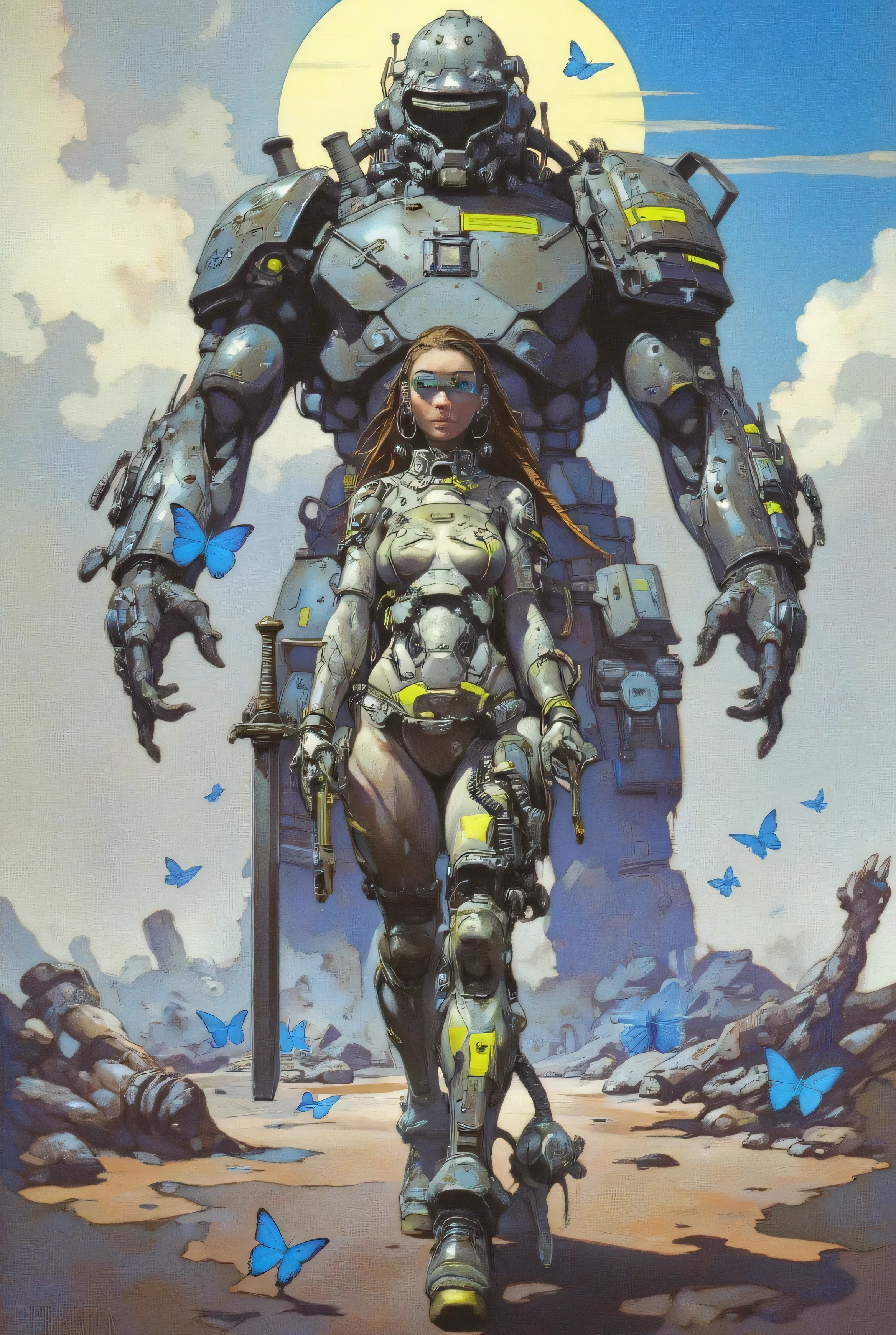 High-quality detailed oil painting, analog vintage photography style. (Detailed image). A beautiful warrior wearing futuristic cyberpunk medieval armor with a neon accent. In her right hand, she holds an old futuristic blunt-edged sword. Her brown hair, styled in dreadlocks, is visible beneath her futuristic cybernetic helmet. She strikes a dynamic pose, ready to strike with her sword.
American photograph showing just below her waist.
Behind her, a huge cybernetic colossus in a cyberpunk style wielding two machine guns instead of robotic arms. Around her an atmosphere of devastation. However, in stark contrast to the post-war setting, numerous blue butterflies take flight, surrounding the protagonists, symbolizing rebirth and resilience. The background is neutral and soft, allowing the scene to take center stage with its dramatic elements and its profound contrast between war and beauty.